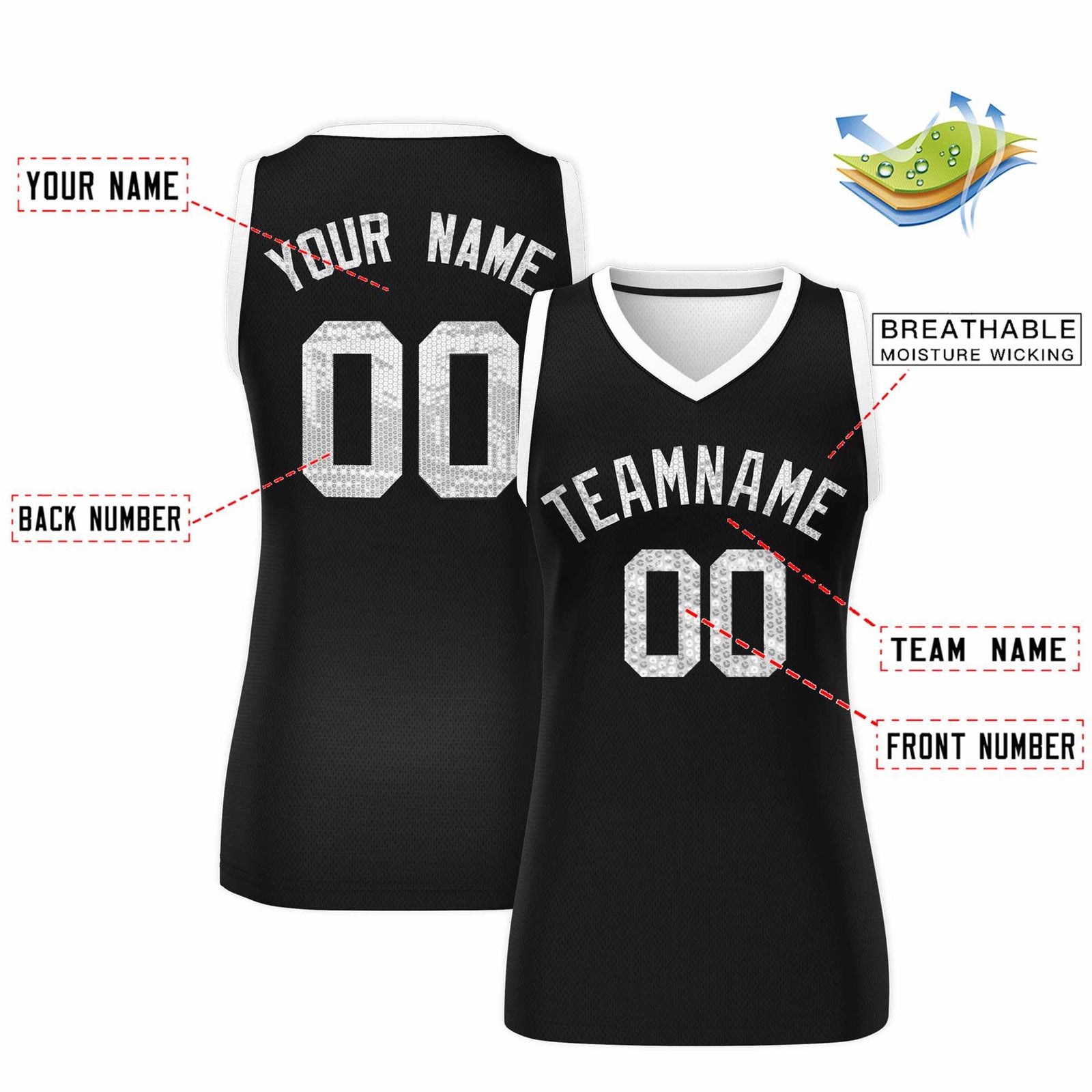 Custom Black White Women Netball Sequined Dress