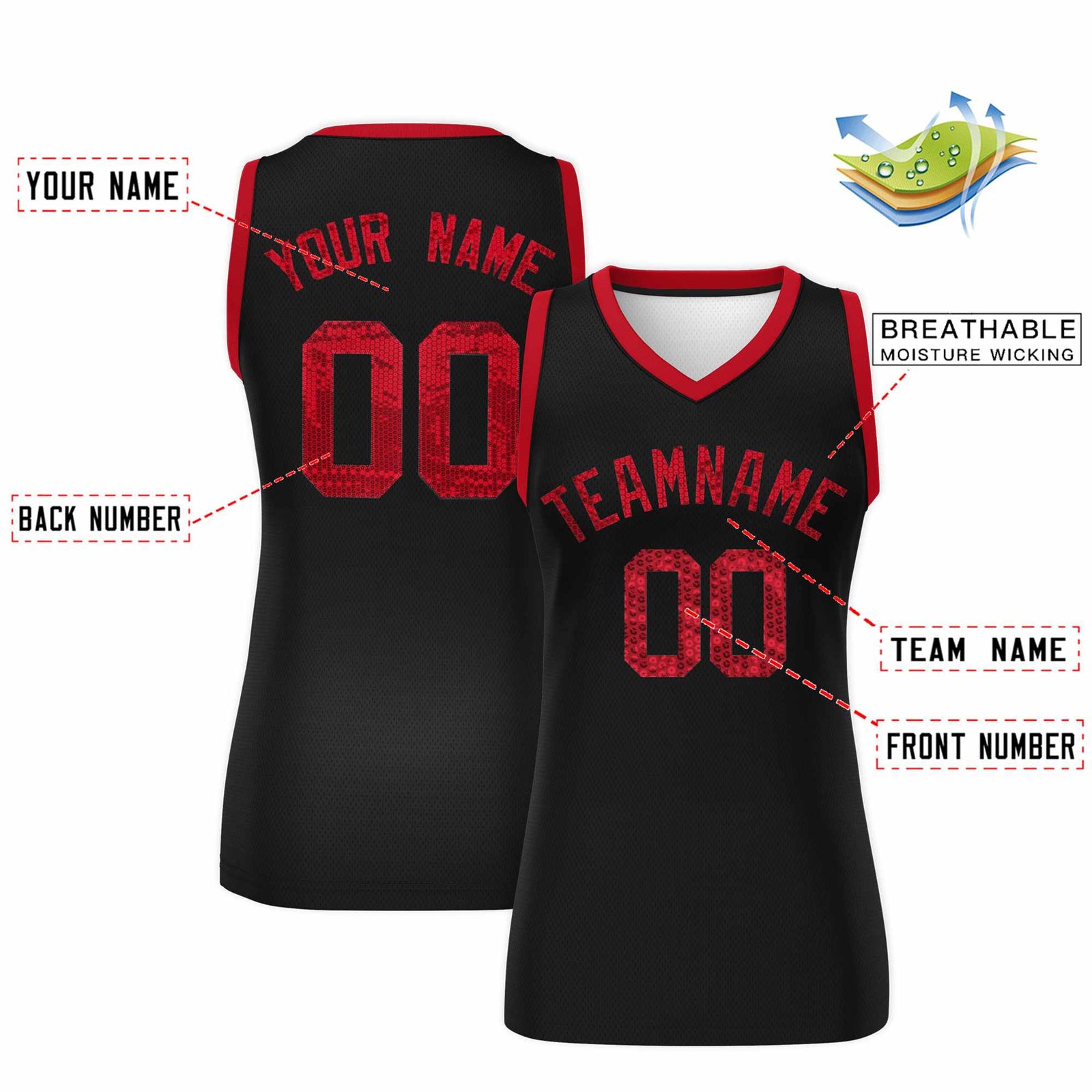 Custom Black Red Women Netball Sequined Dress