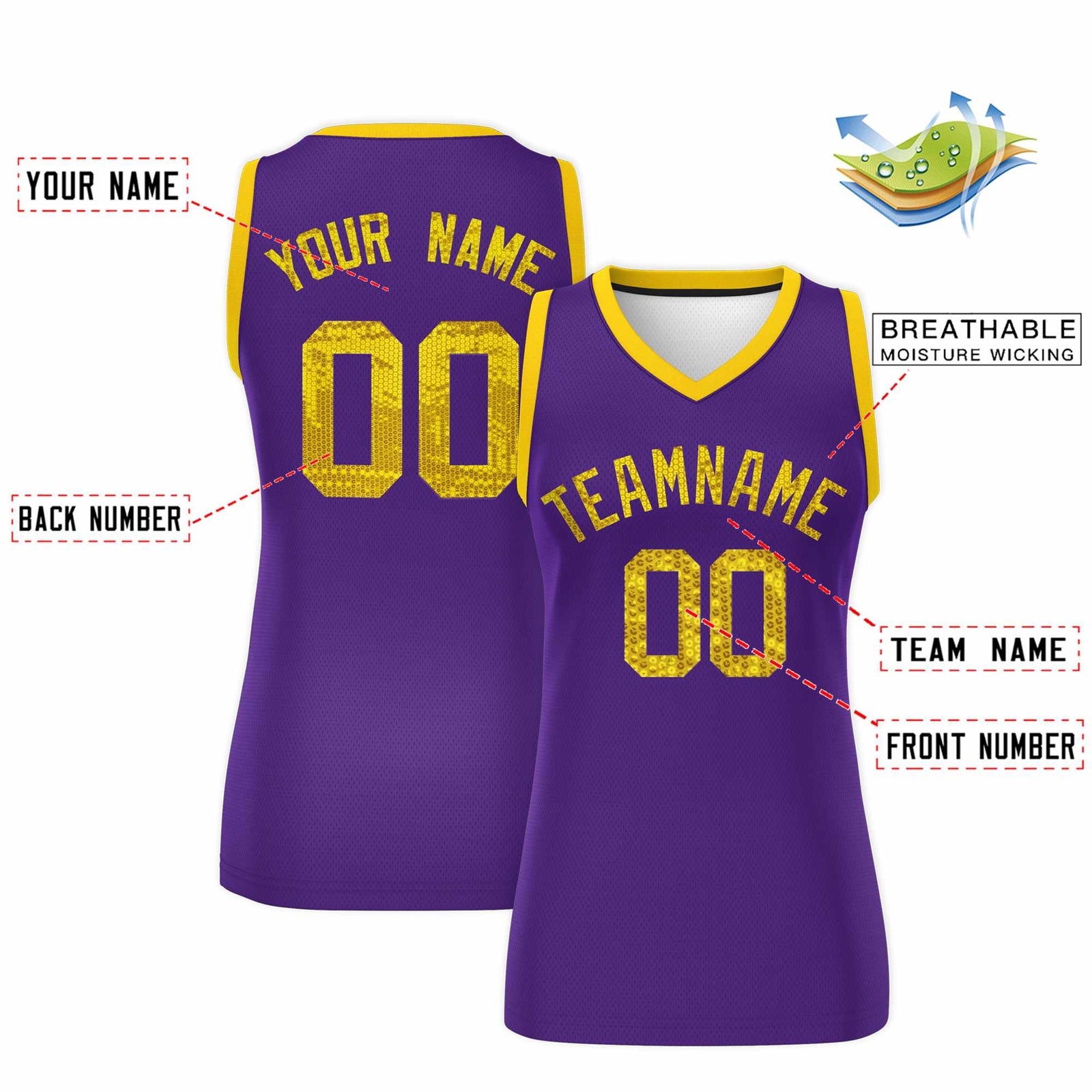 Custom Purple Gold Women Netball Sequined Dress