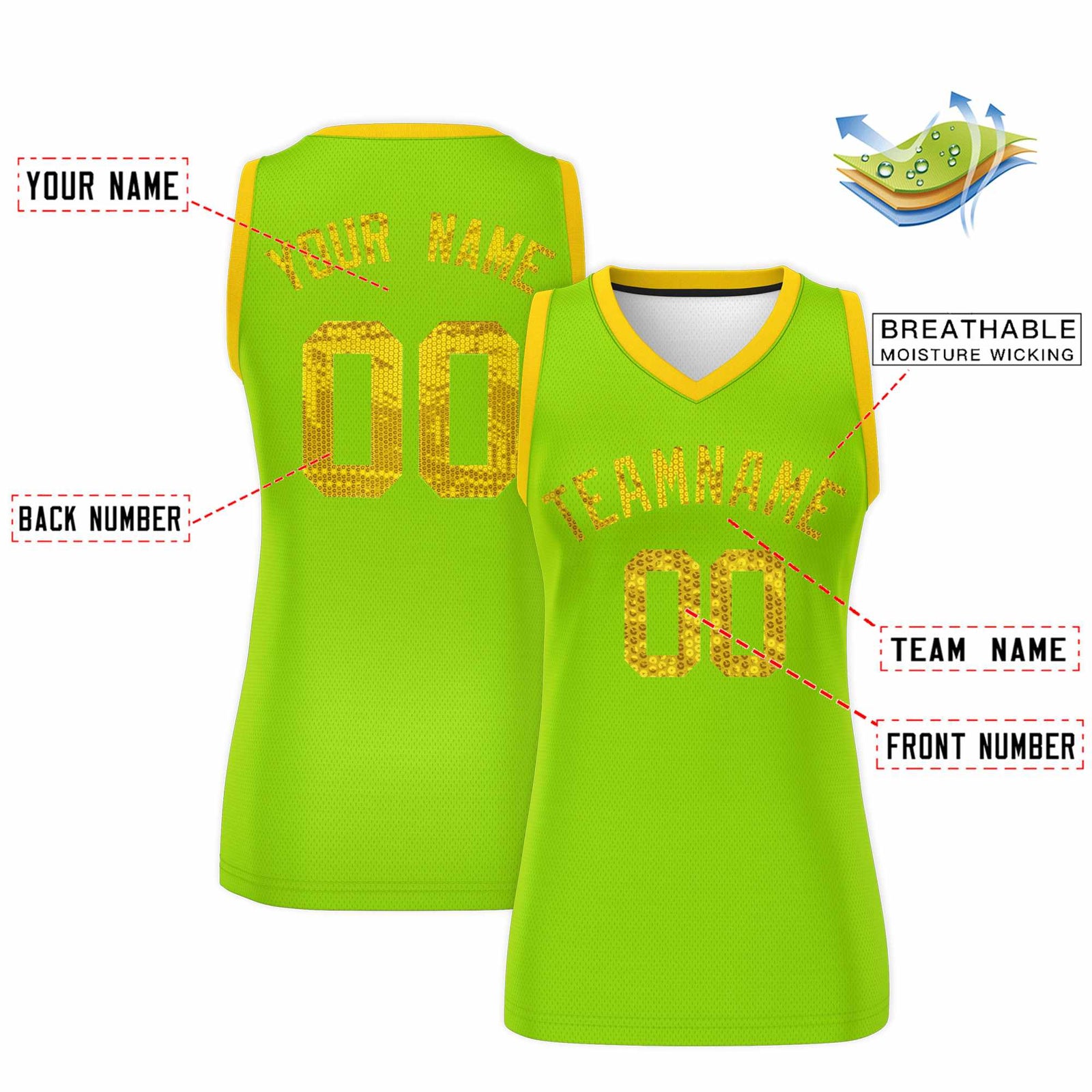 Custom Neon Green Gold Women Netball Sequined Dress