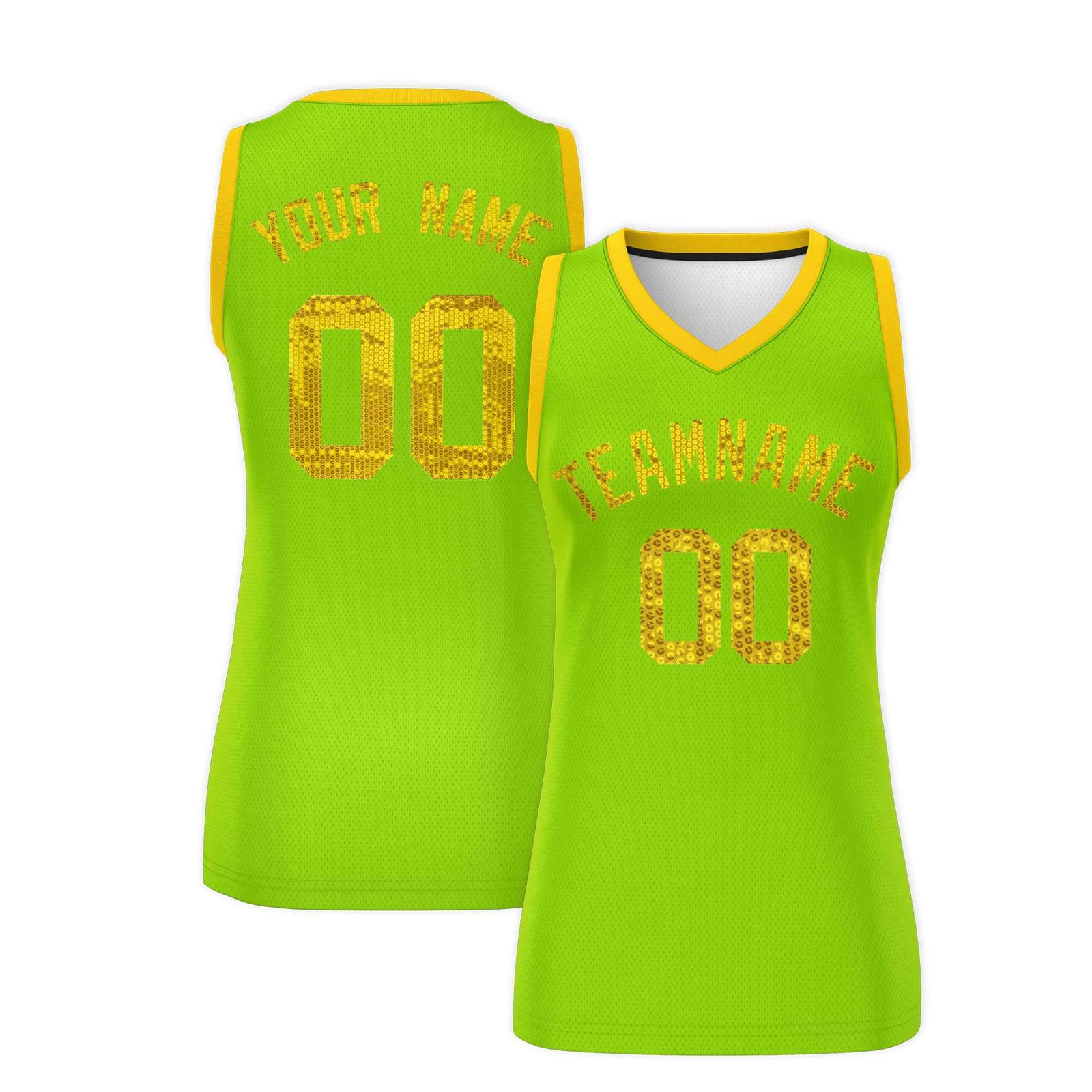 Custom Neon Green Gold Women Netball Sequined Dress