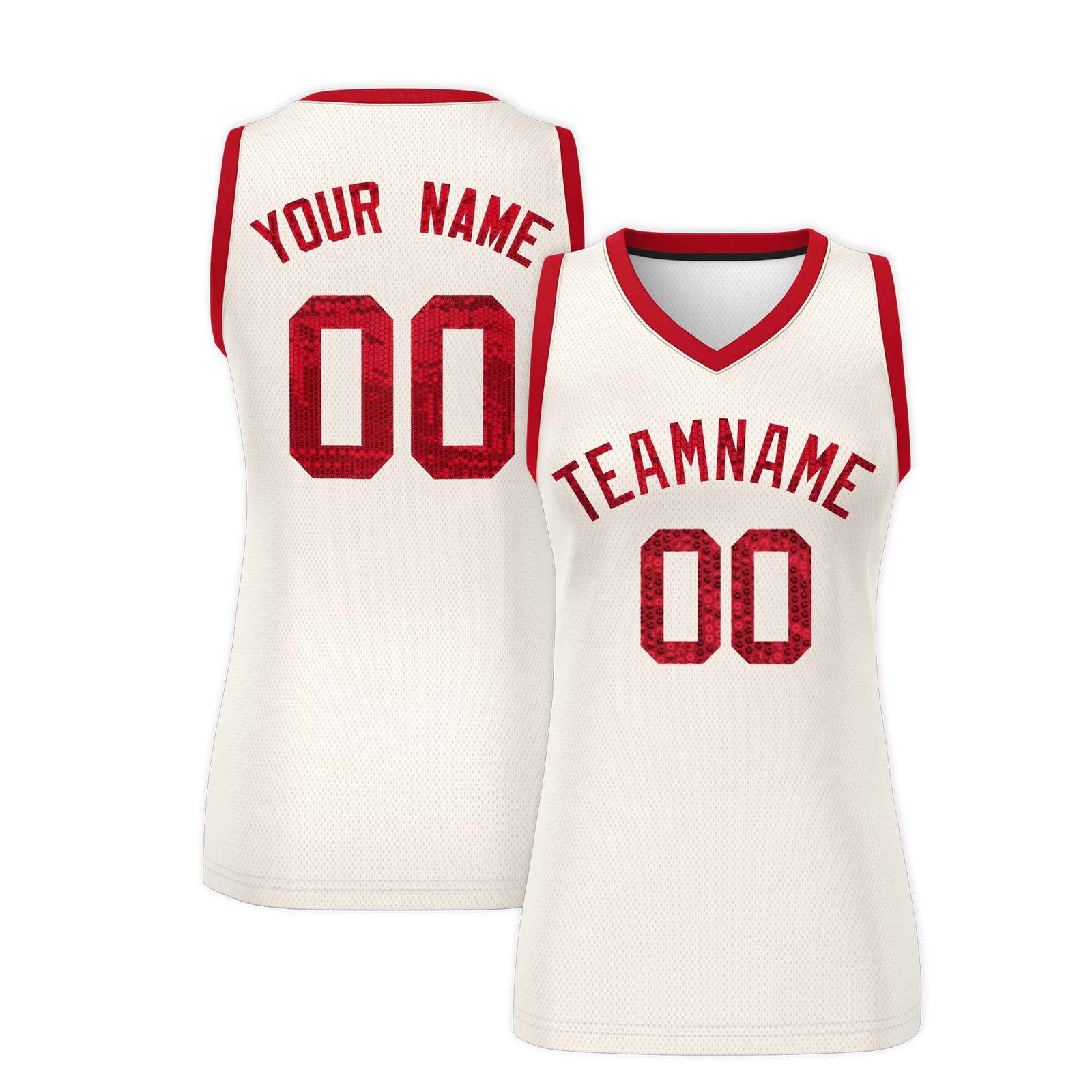 Custom Cream Red Women Netball Sequined Dress