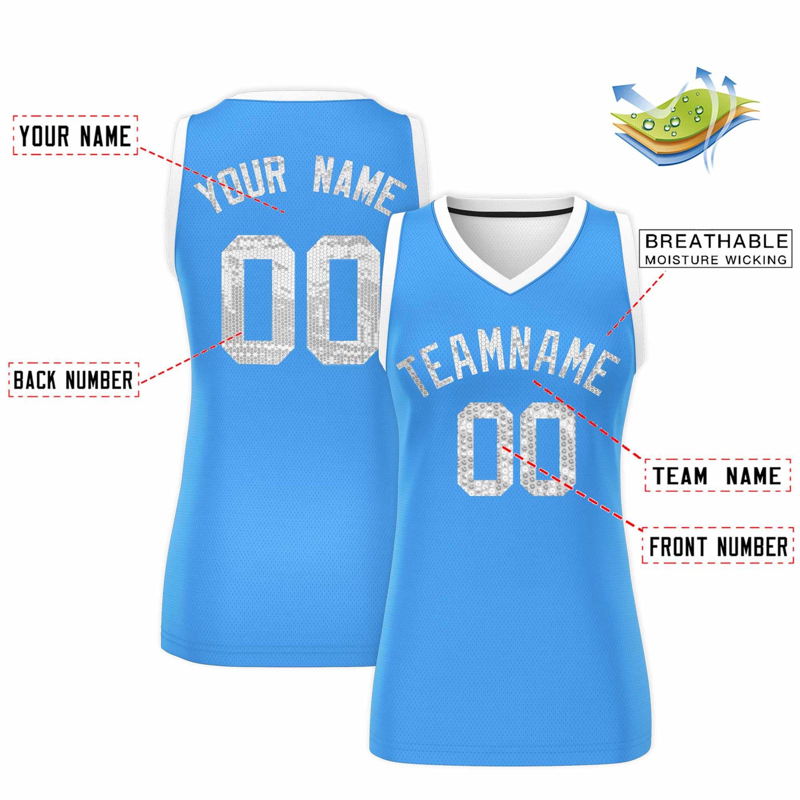 Custom Powder Blue White Women Netball Sequined Dress