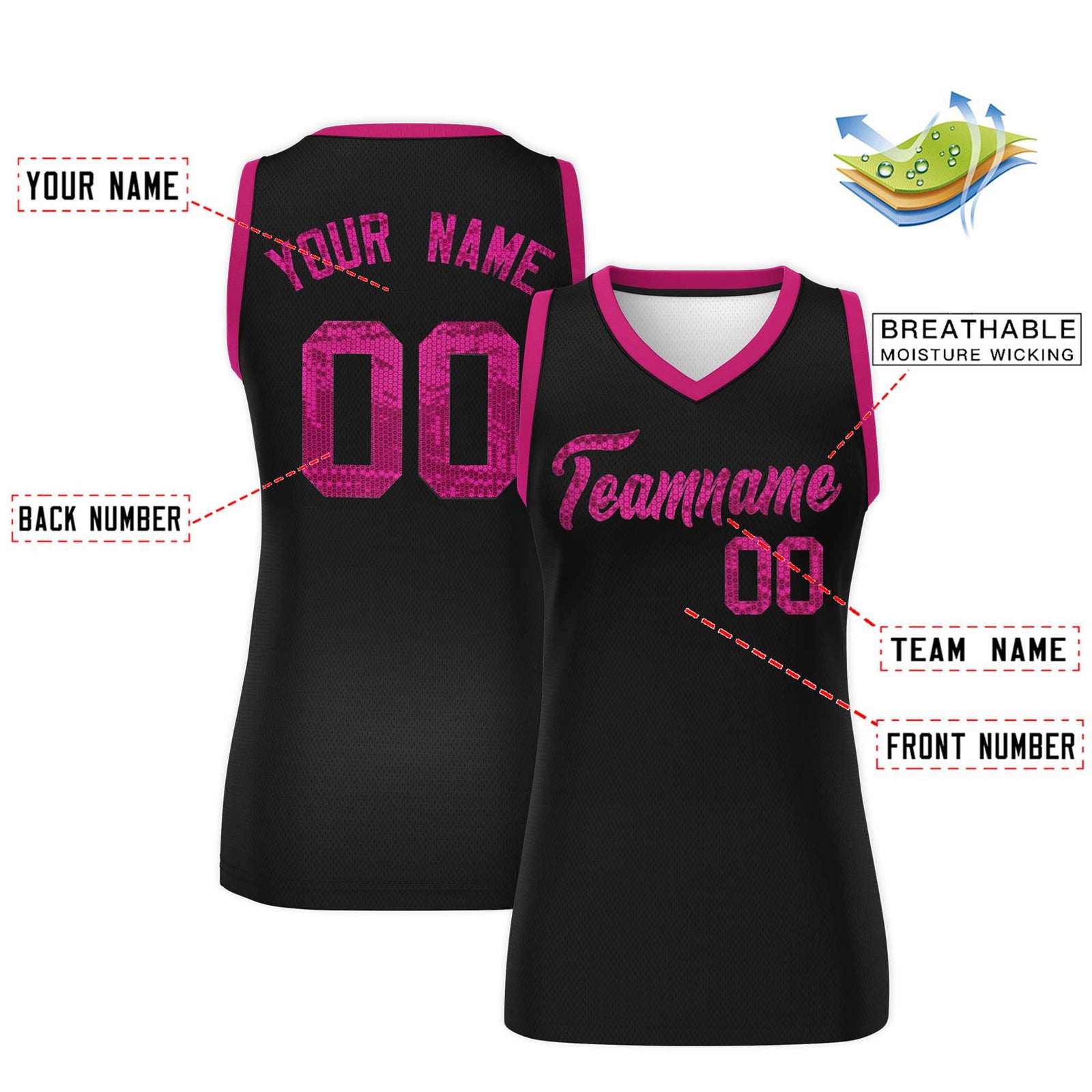Custom Black Pink Women Netball Sequined Dress