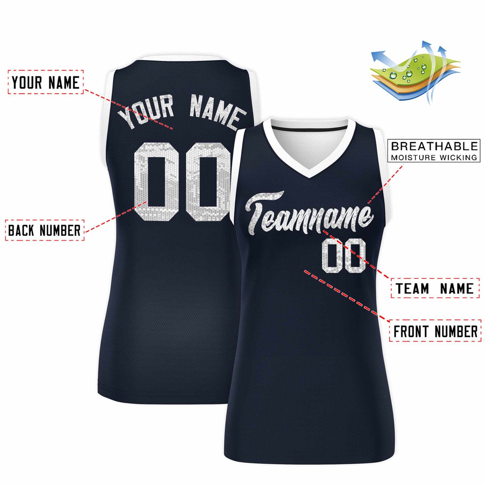 Custom Navy White Women Netball Sequined Dress