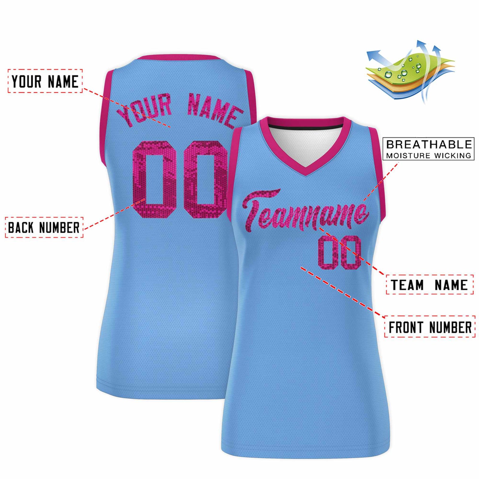 Custom Light Blue Pink Women Netball Sequined Dress