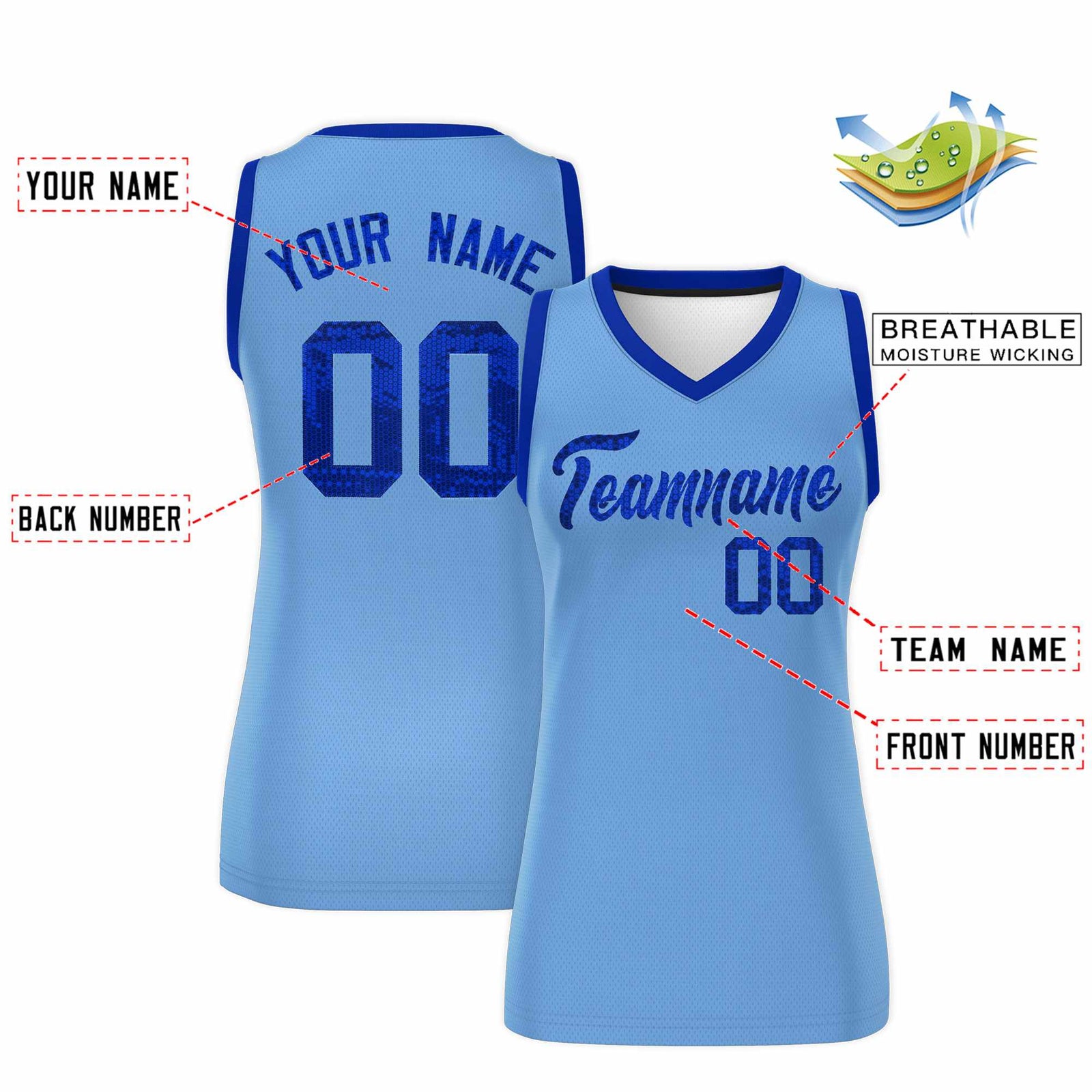 Custom Light Blue Royal Women Netball Sequined Dress