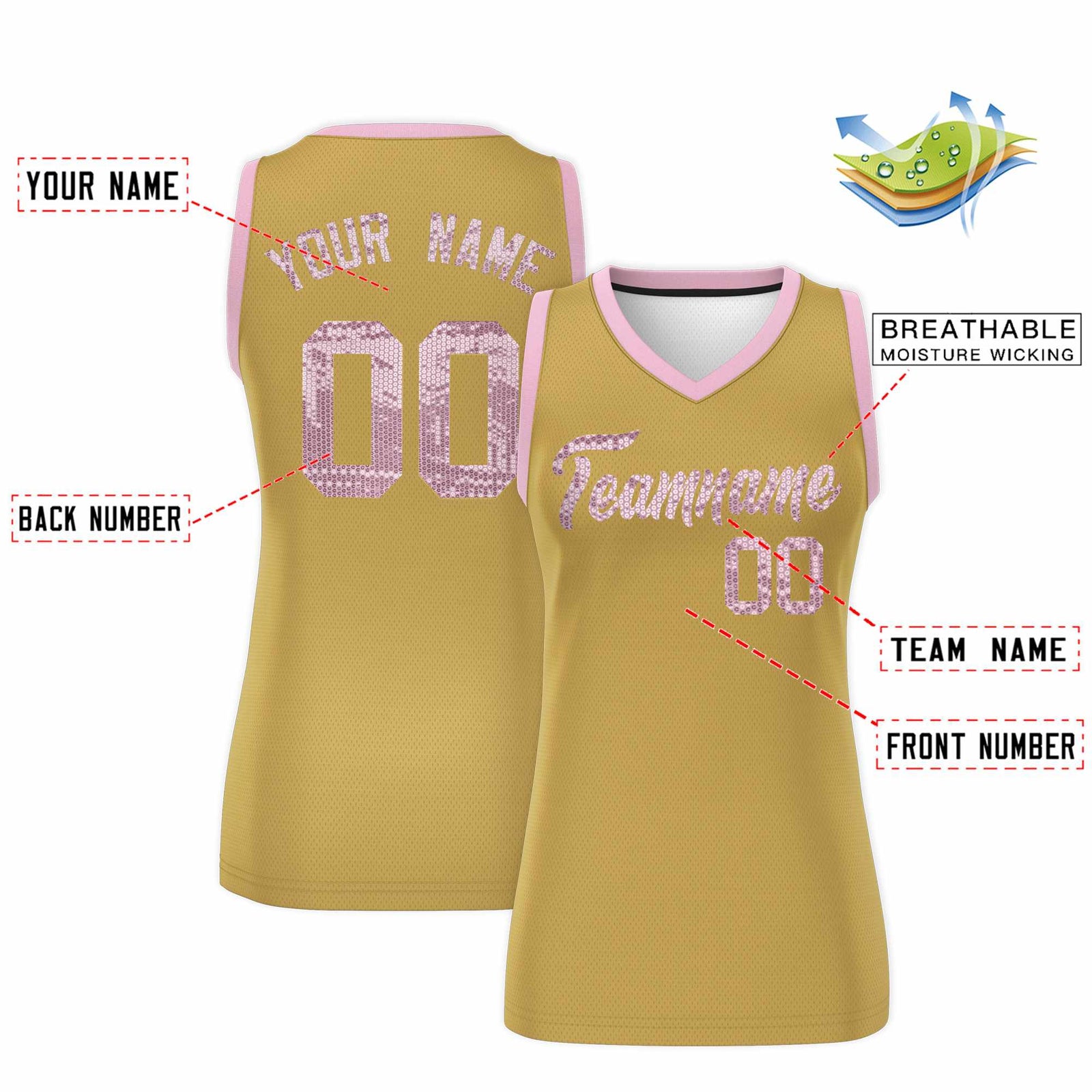Custom Old Gold Light Pink Women Netball Sequined Dress
