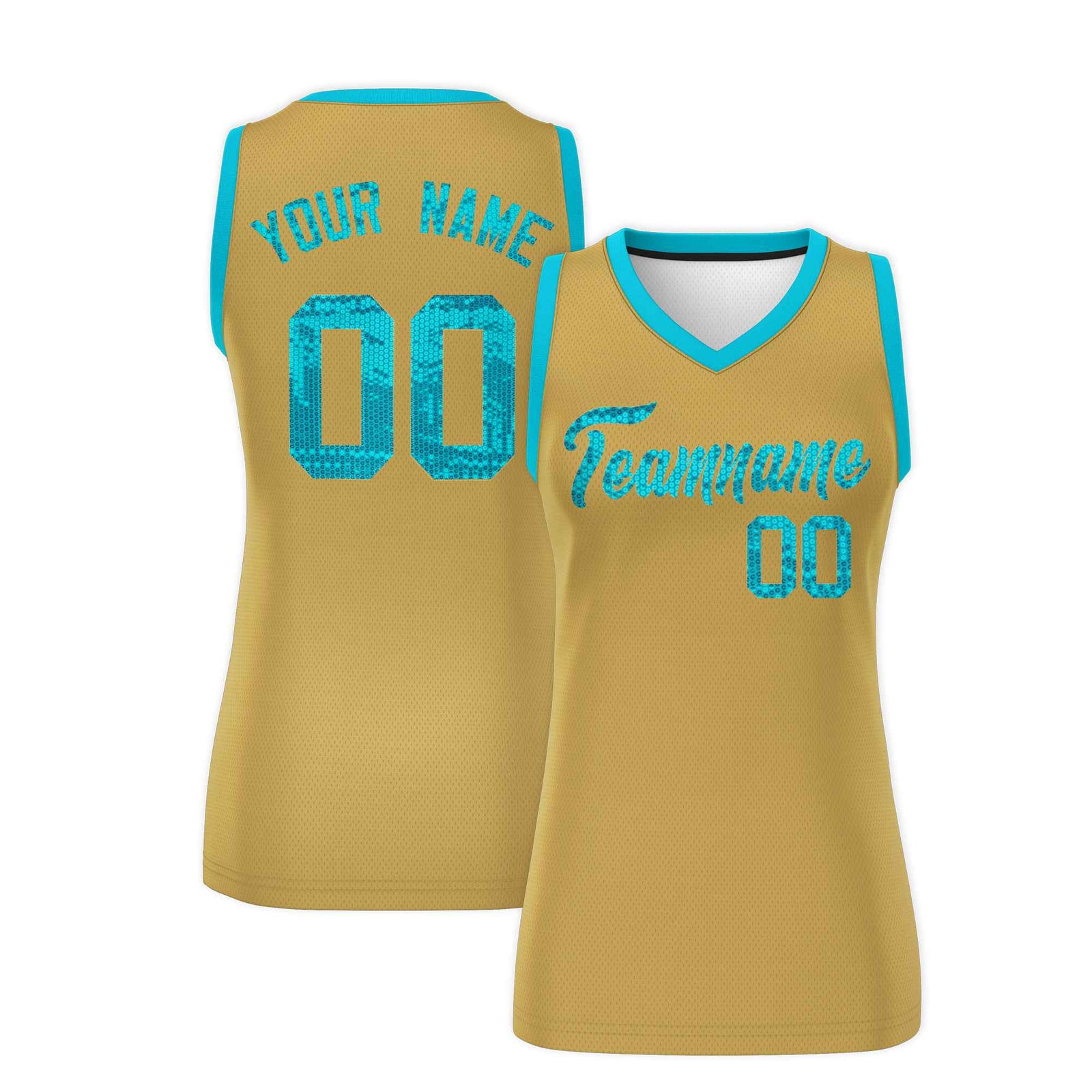 Custom Old Gold Sky Blue Women Netball Sequined Dress