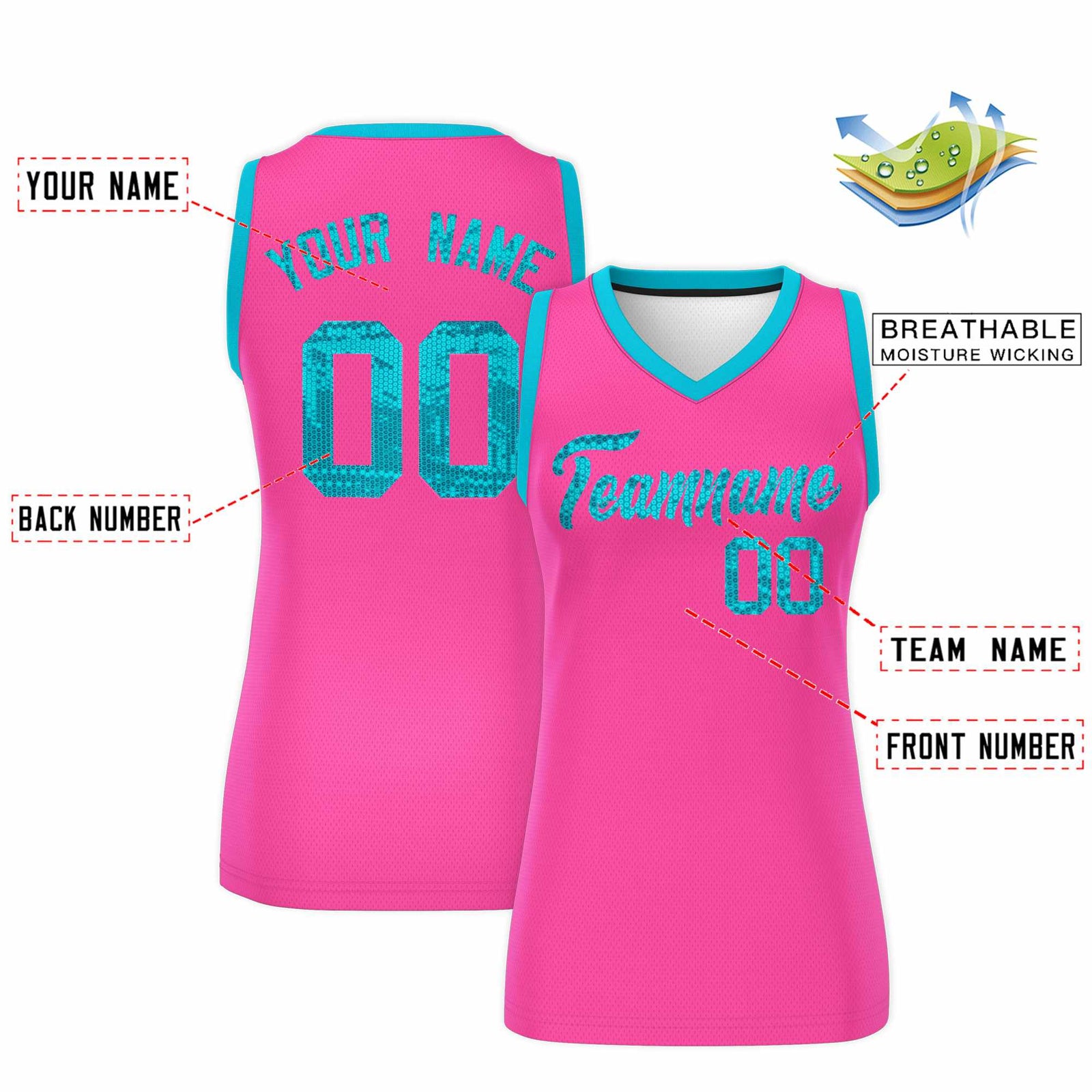 Custom Pink Sky Blue Women Netball Sequined Dress