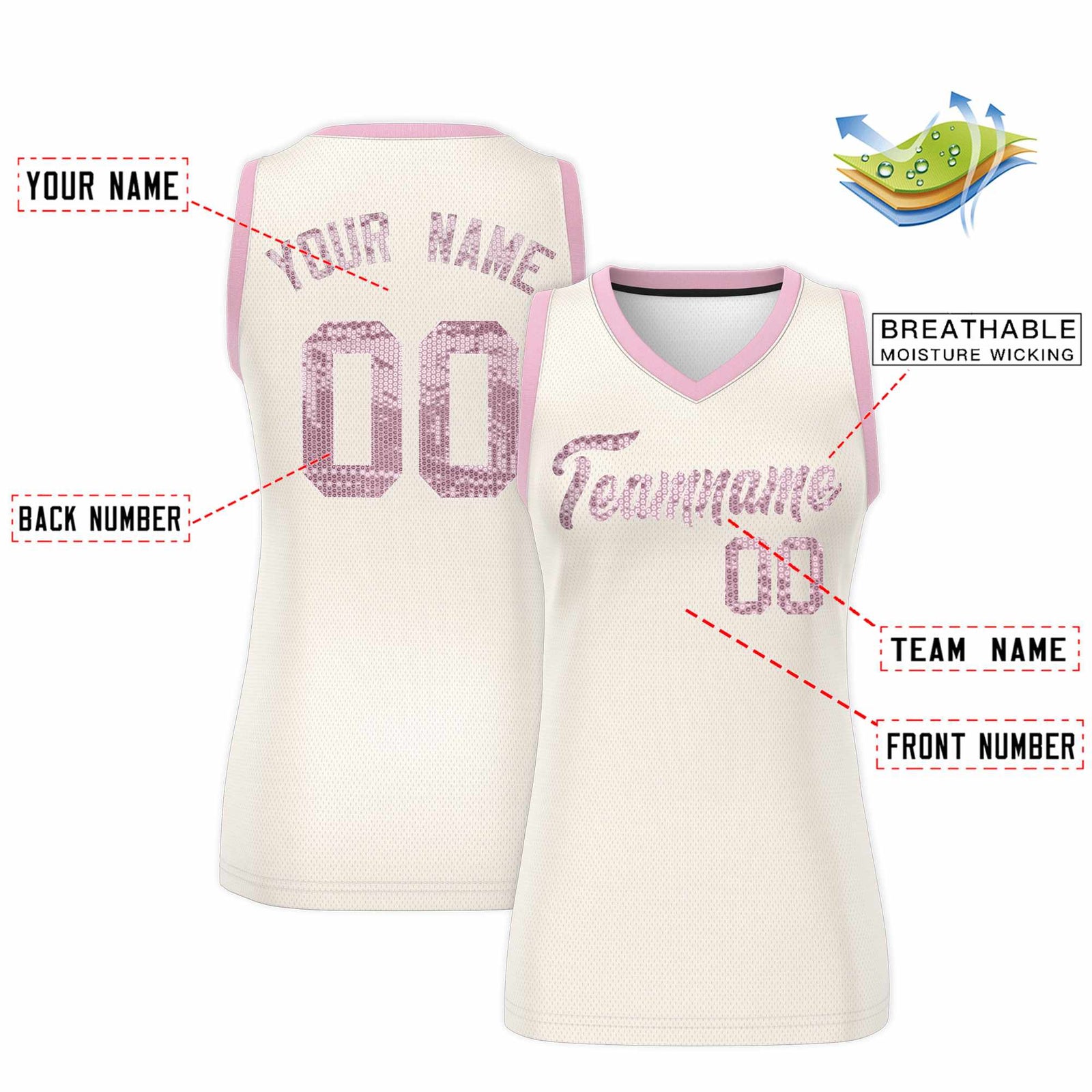 Custom Cream Light Pink Women Netball Sequined Dress