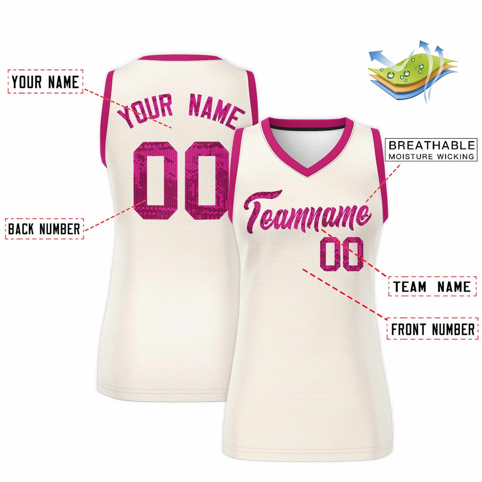 Custom Cream Pink Women Netball Sequined Dress