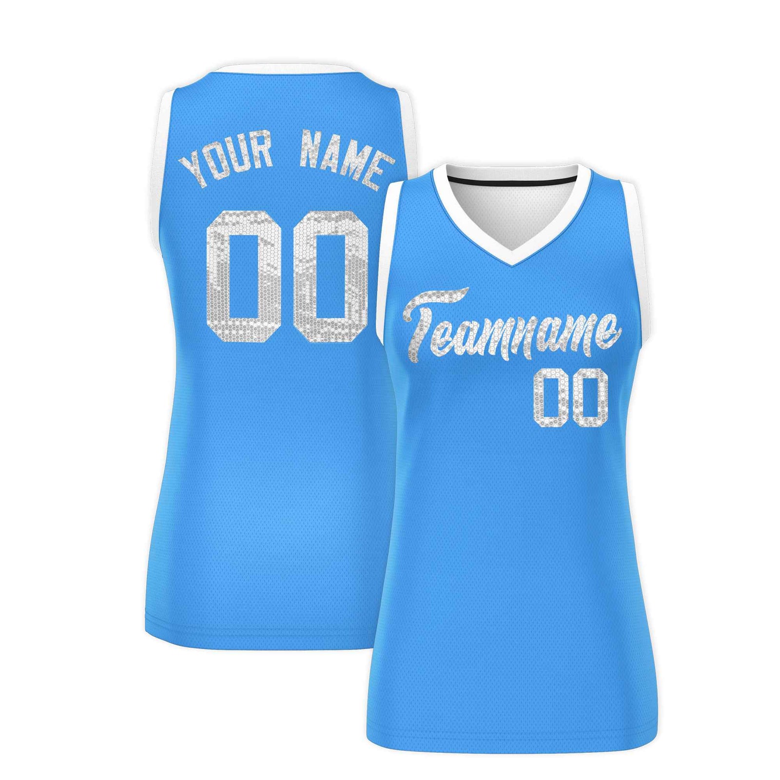 Custom Powder Blue White Women Netball Sequined Dress