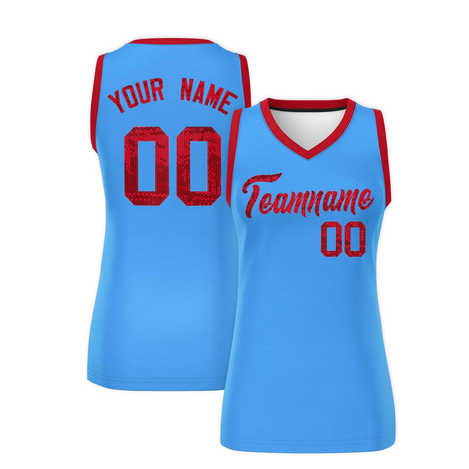 Custom Powder Blue Red Women Netball Sequined Dress