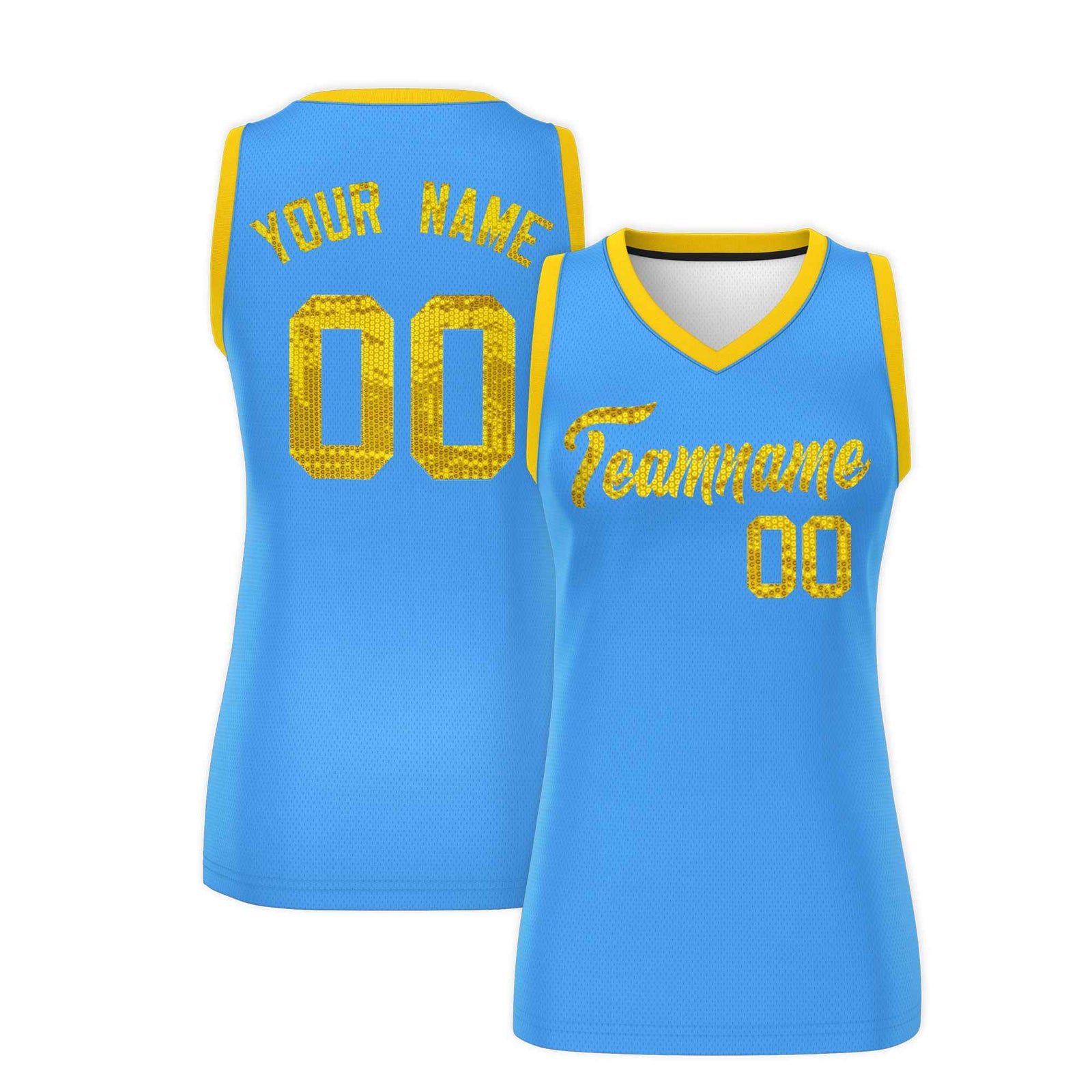 Custom Powder Blue Gold Women Netball Sequined Dress