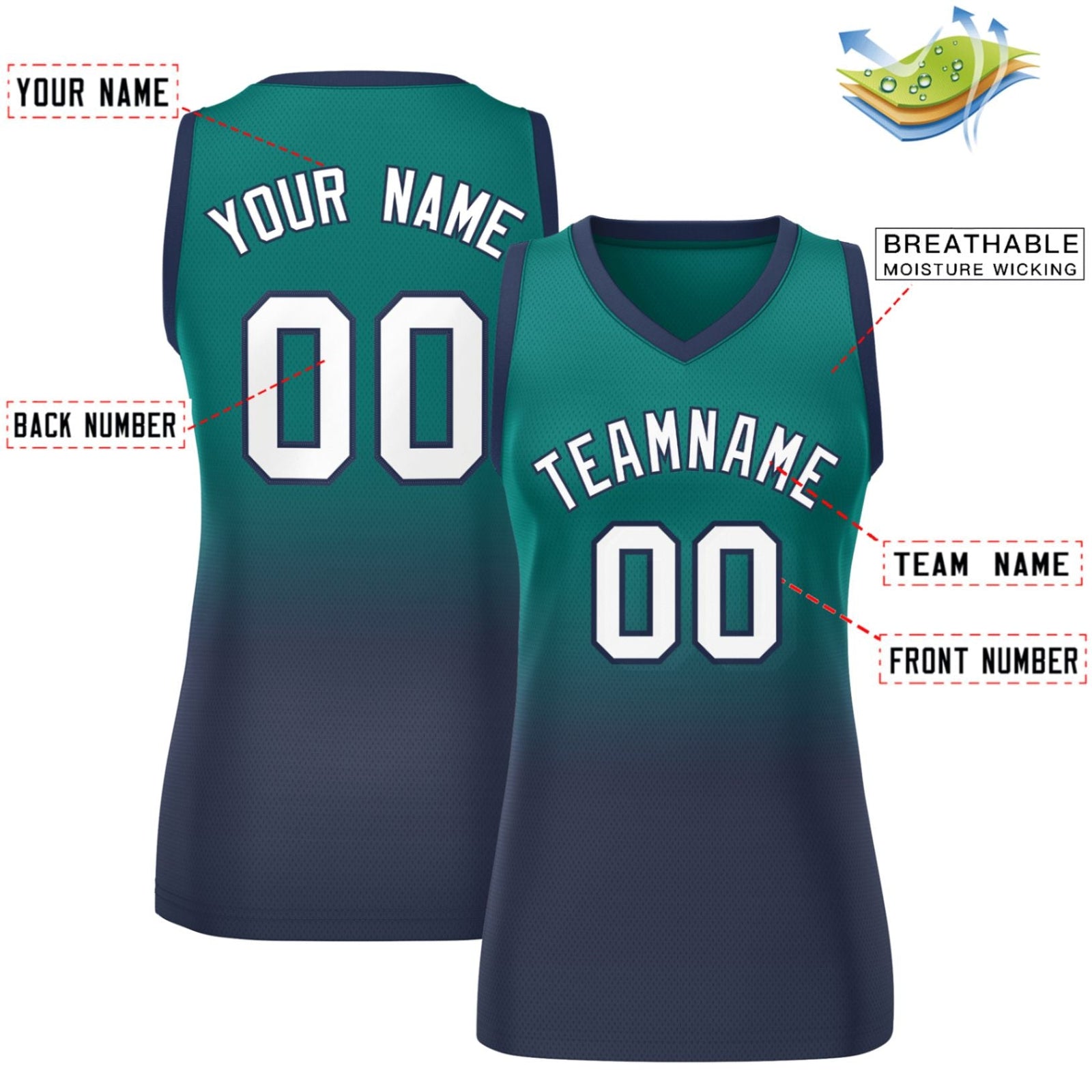 Custom Aqua Navy Gradient Fashion Tops Mesh Netball Dress For Women