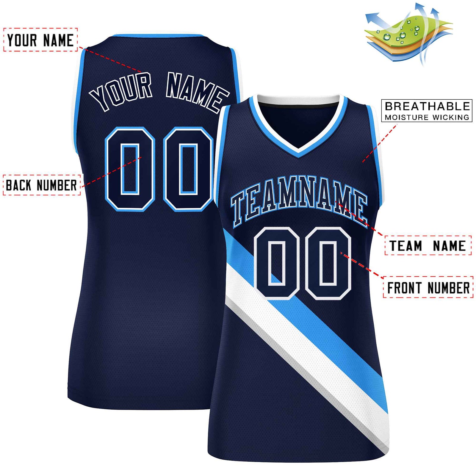 Custom Navy Powder Blue-White Thick Slash Fashion Tops Mesh Netball Dress For Women