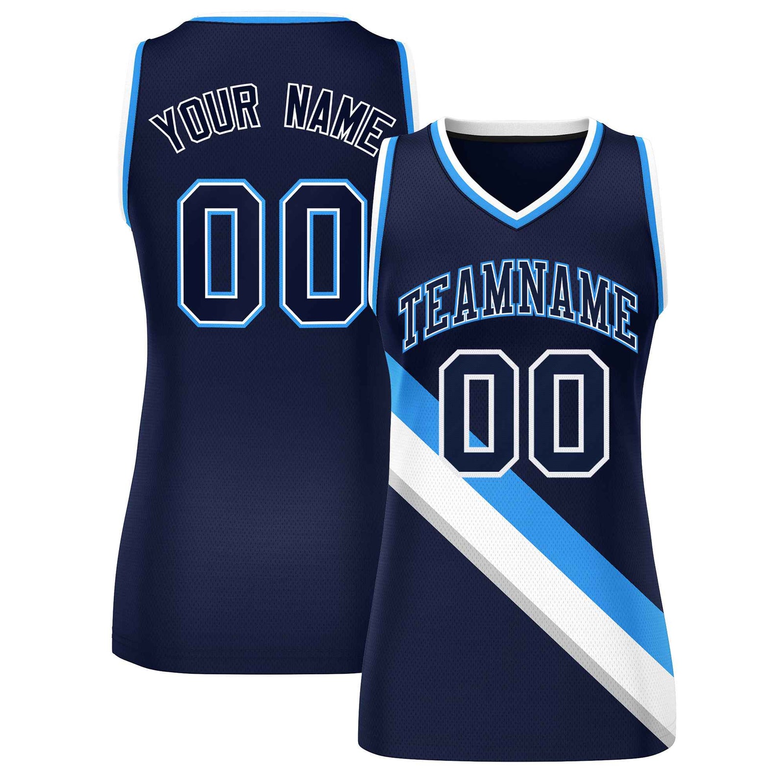 Custom Navy Powder Blue-White Thick Slash Fashion Tops Mesh Netball Dress For Women