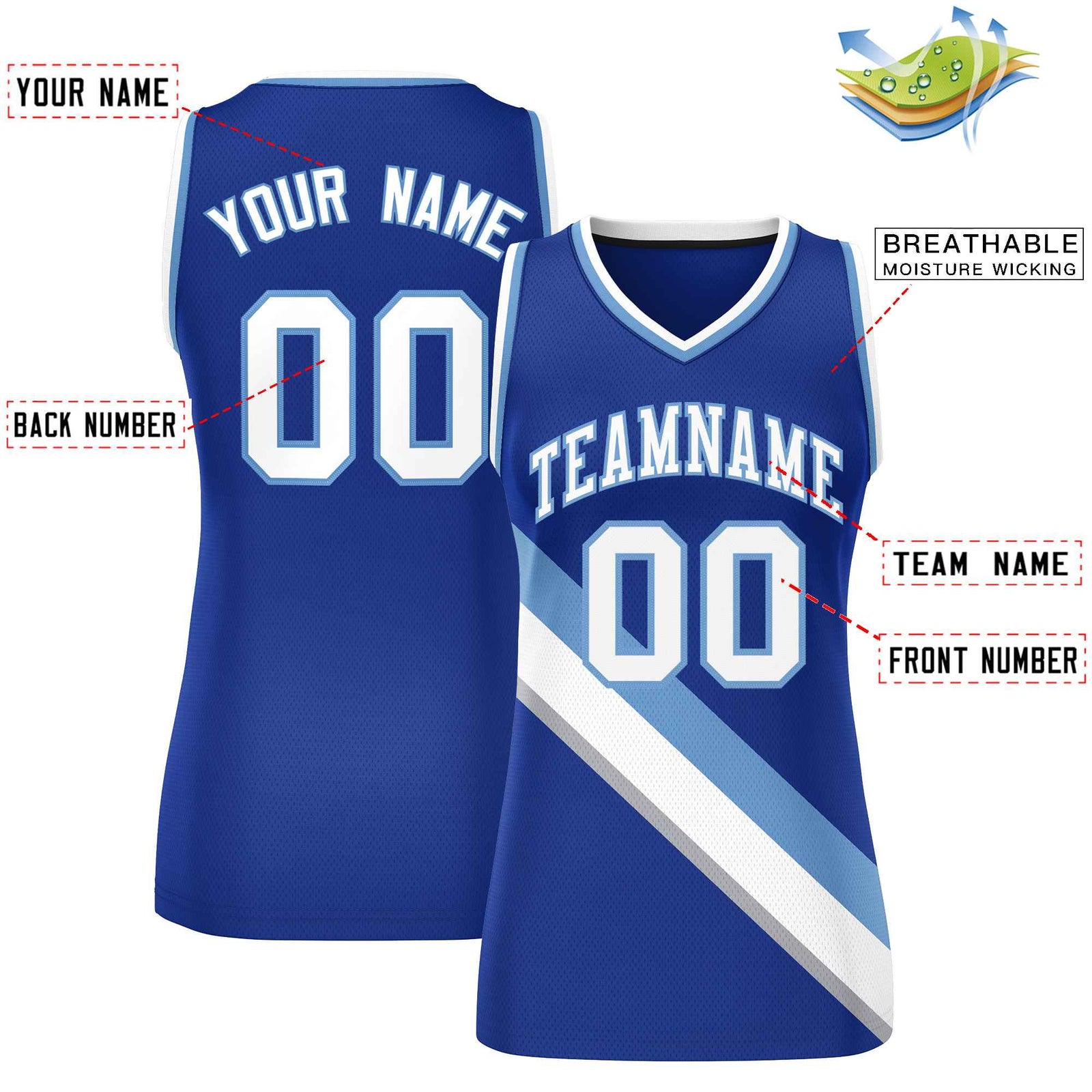 Custom Royal White-Light Blue Thick Slash Fashion Tops Mesh Netball Dress For Women