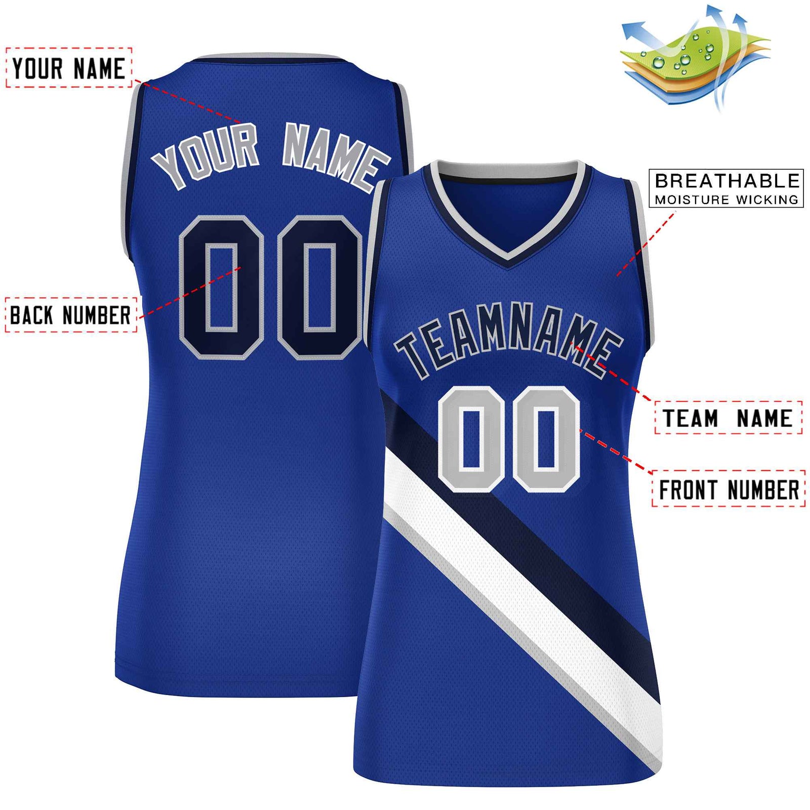 Custom Royal Navy-Gray Thick Slash Fashion Tops Mesh Netball Dress For Women