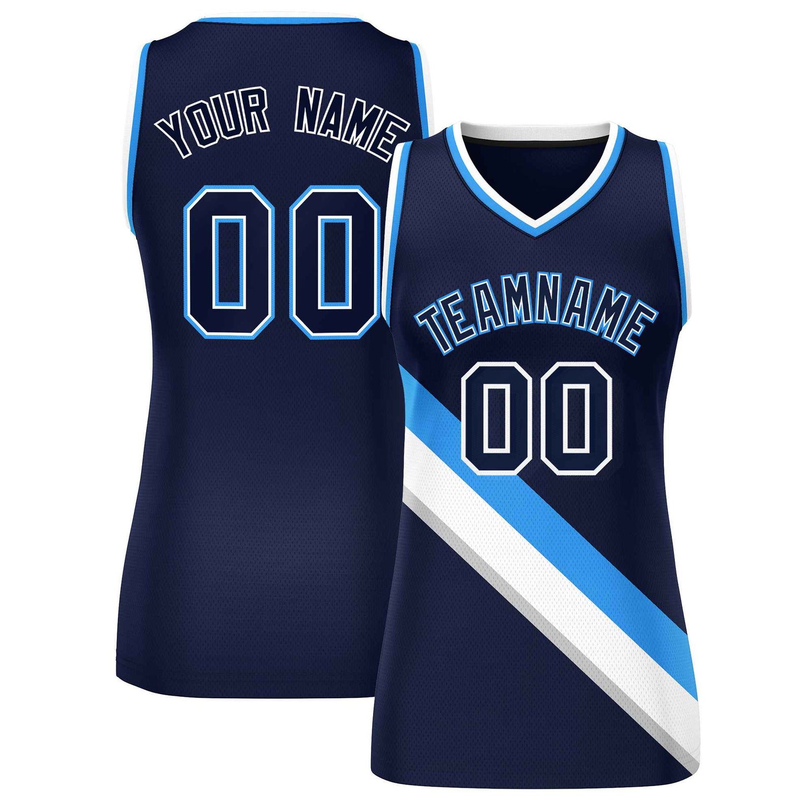 Custom Navy Powder Blue-White Thick Slash Fashion Tops Mesh Netball Dress For Women