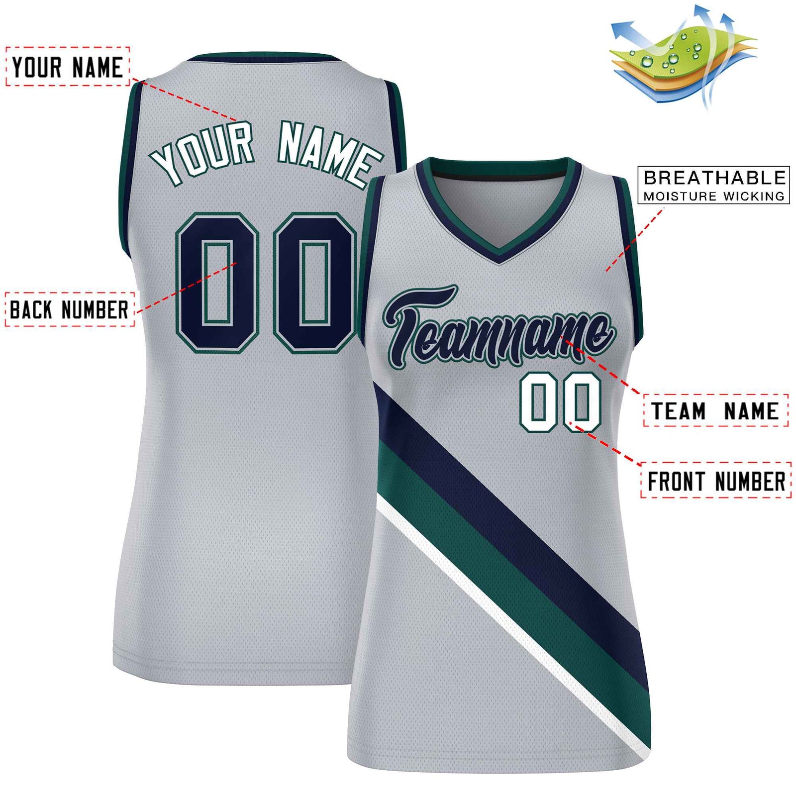 Custom Light Gray Navy-Midnight Green Thick Slash Fashion Tops Mesh Netball Dress For Women