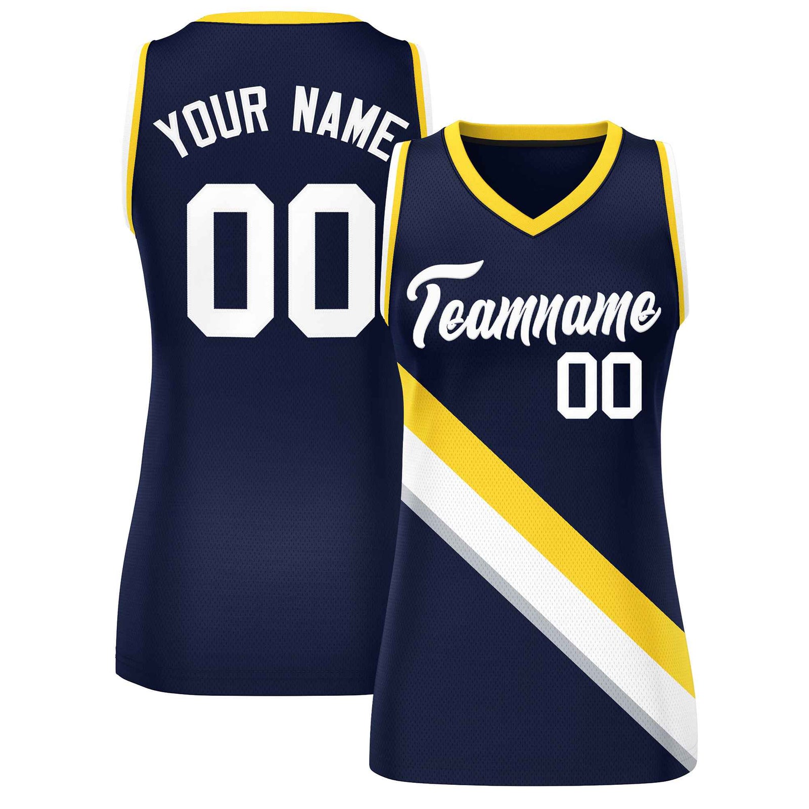 Custom Navy Gold-White Thick Slash Fashion Tops Mesh Netball Dress For Women