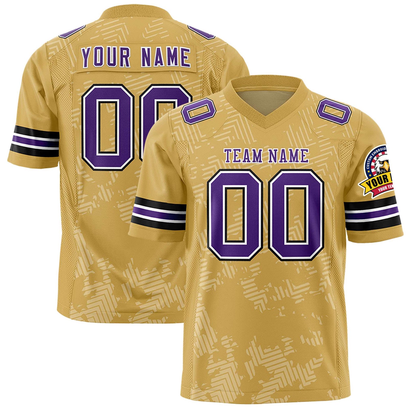 Custom Old Gold Purple-White Personalized Graffiti Line Design Authentic Football Jersey