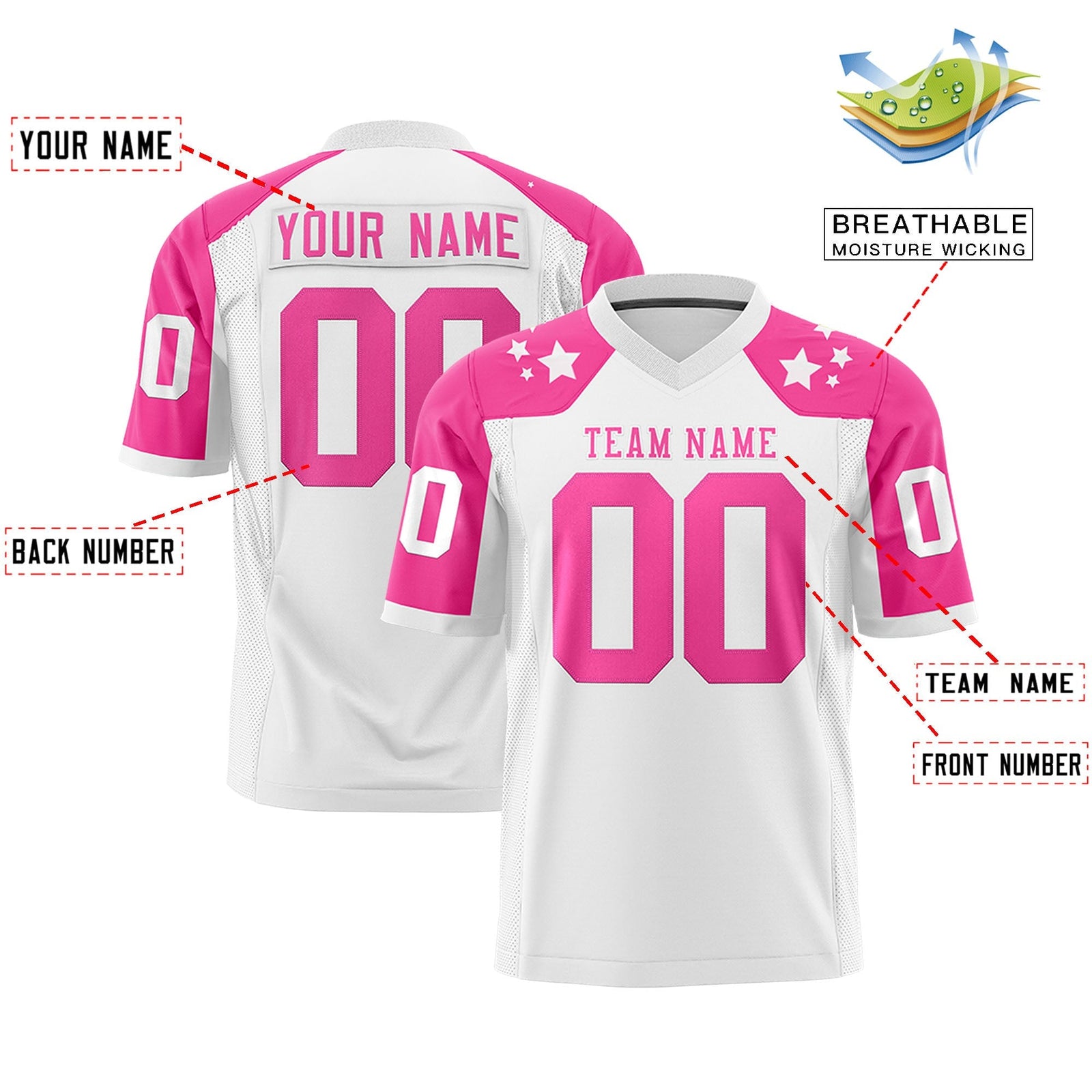Custom White Pink Personalized Shoulder Star Pattern Authentic American Football Jersey