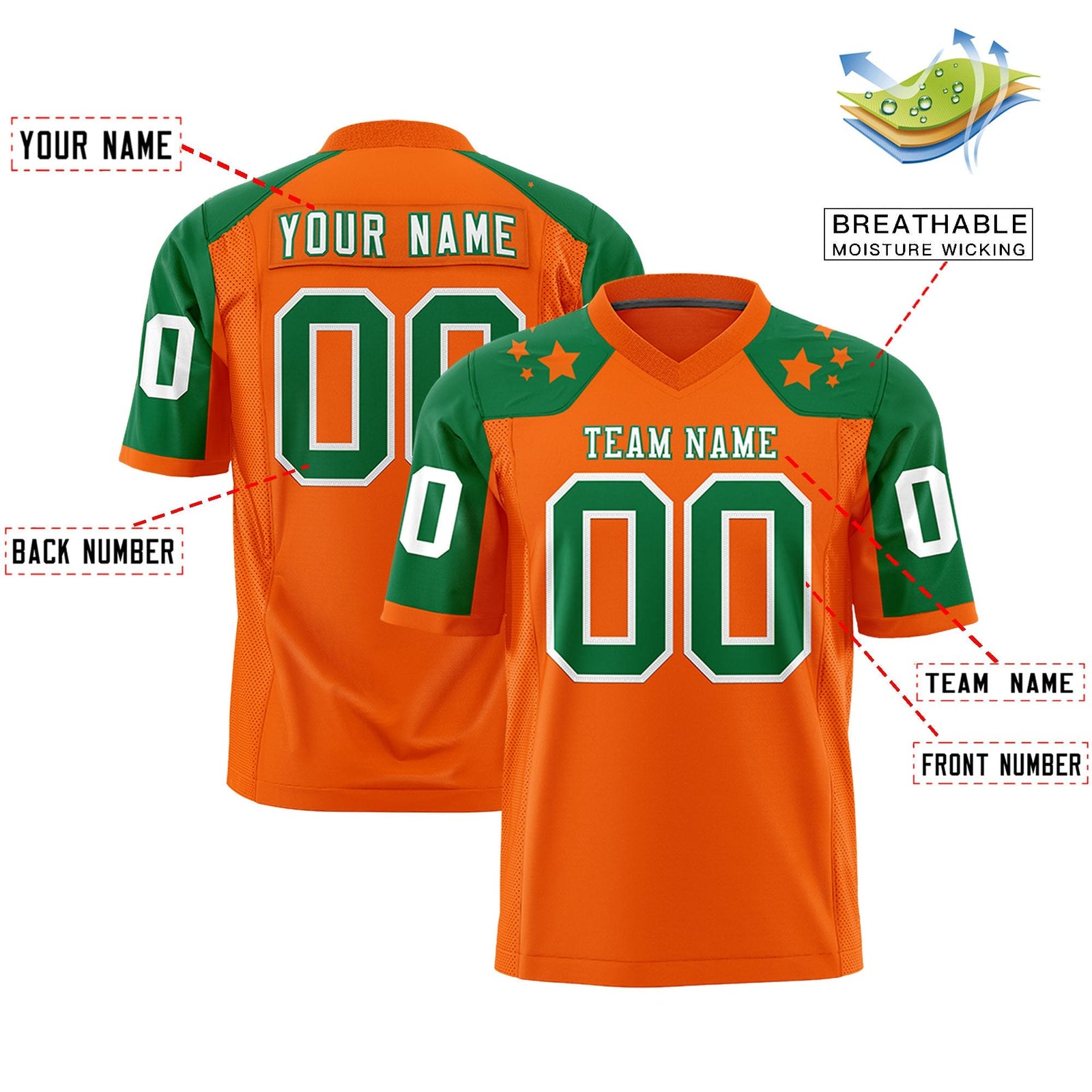 Custom Orange Kelly Green Personalized Shoulder Star Pattern Authentic American Football Jersey