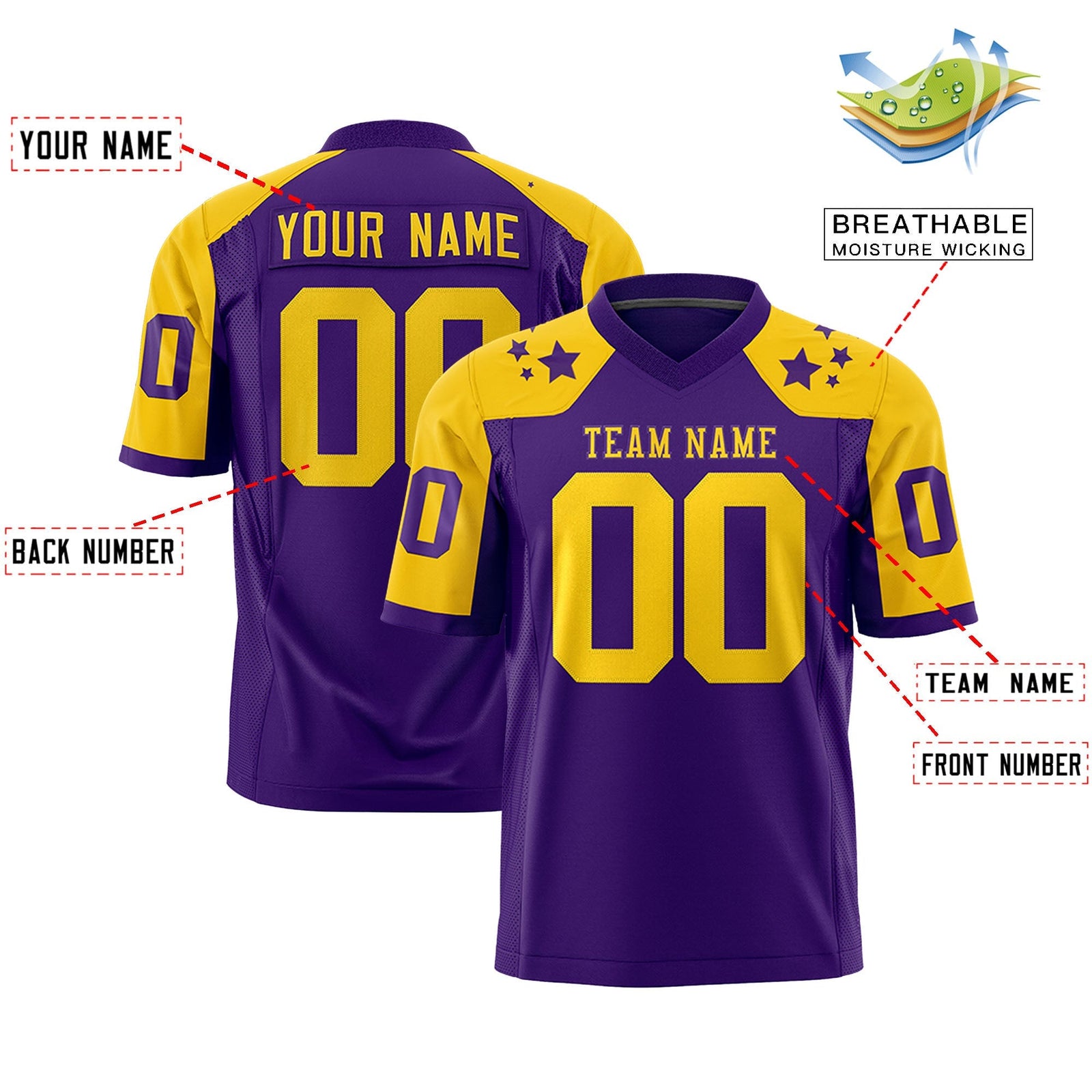 Custom Purple Gold Personalized Shoulder Star Pattern Authentic American Football Jersey