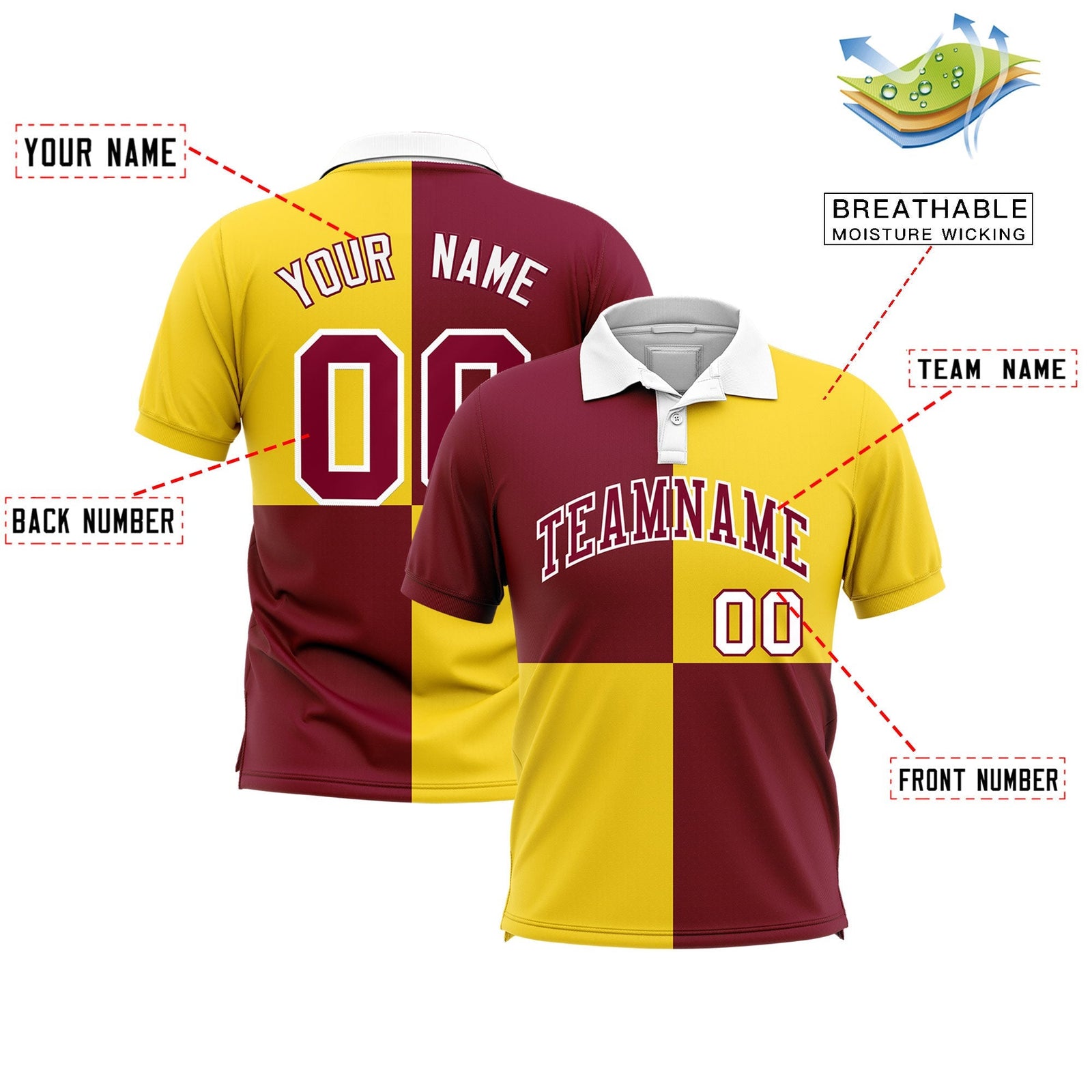 Custom Crimson Gold Four Squares Design Performance Polo Shirt