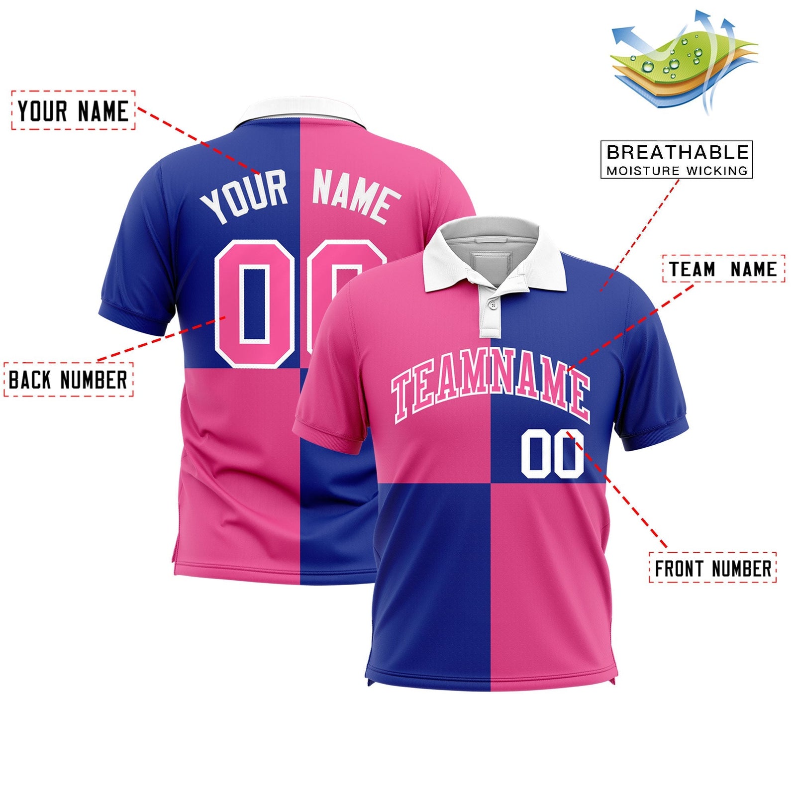 Custom Pink Royal Four Squares Design Performance Polo Shirt