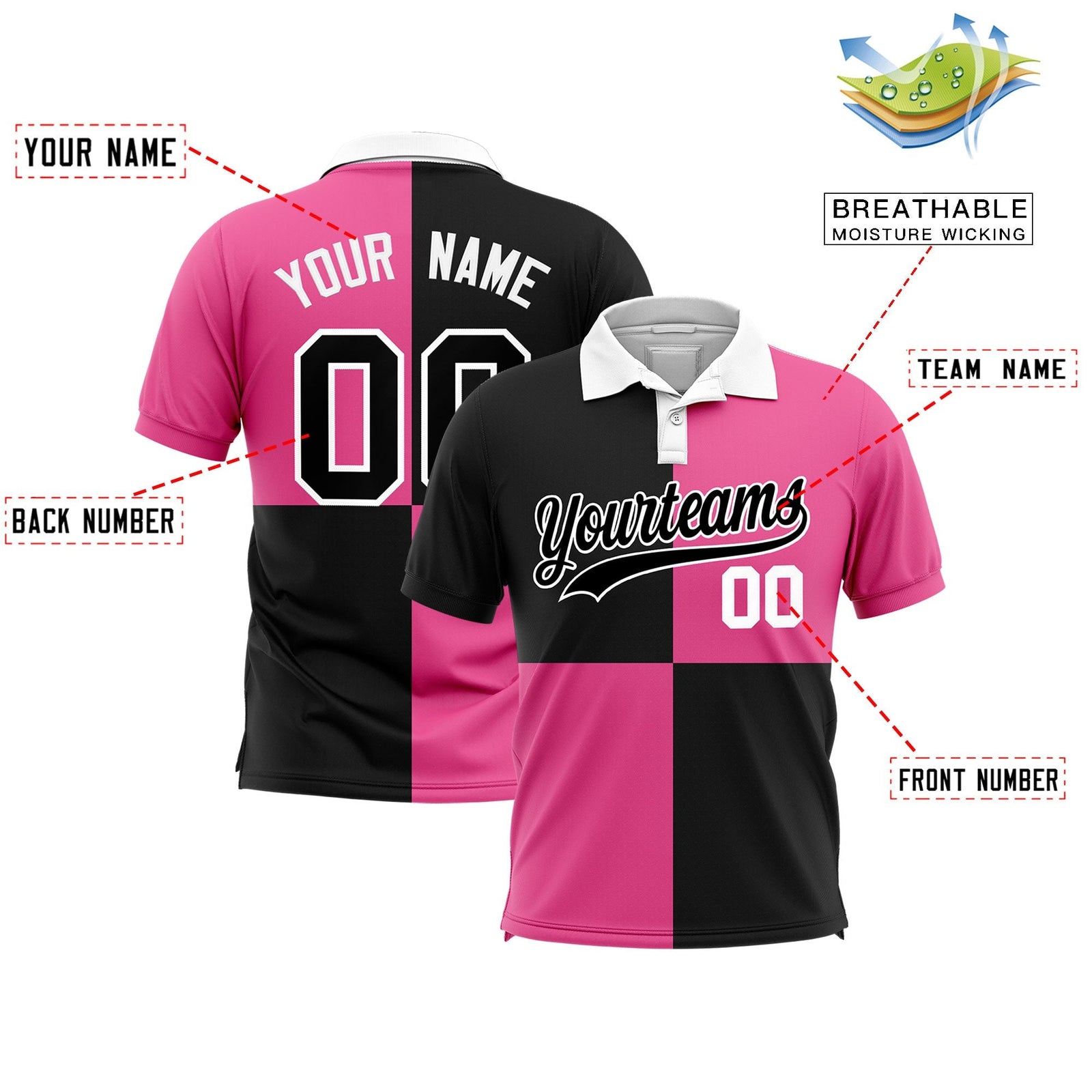 Custom Black Pink Four Squares Design Performance Polo Shirt