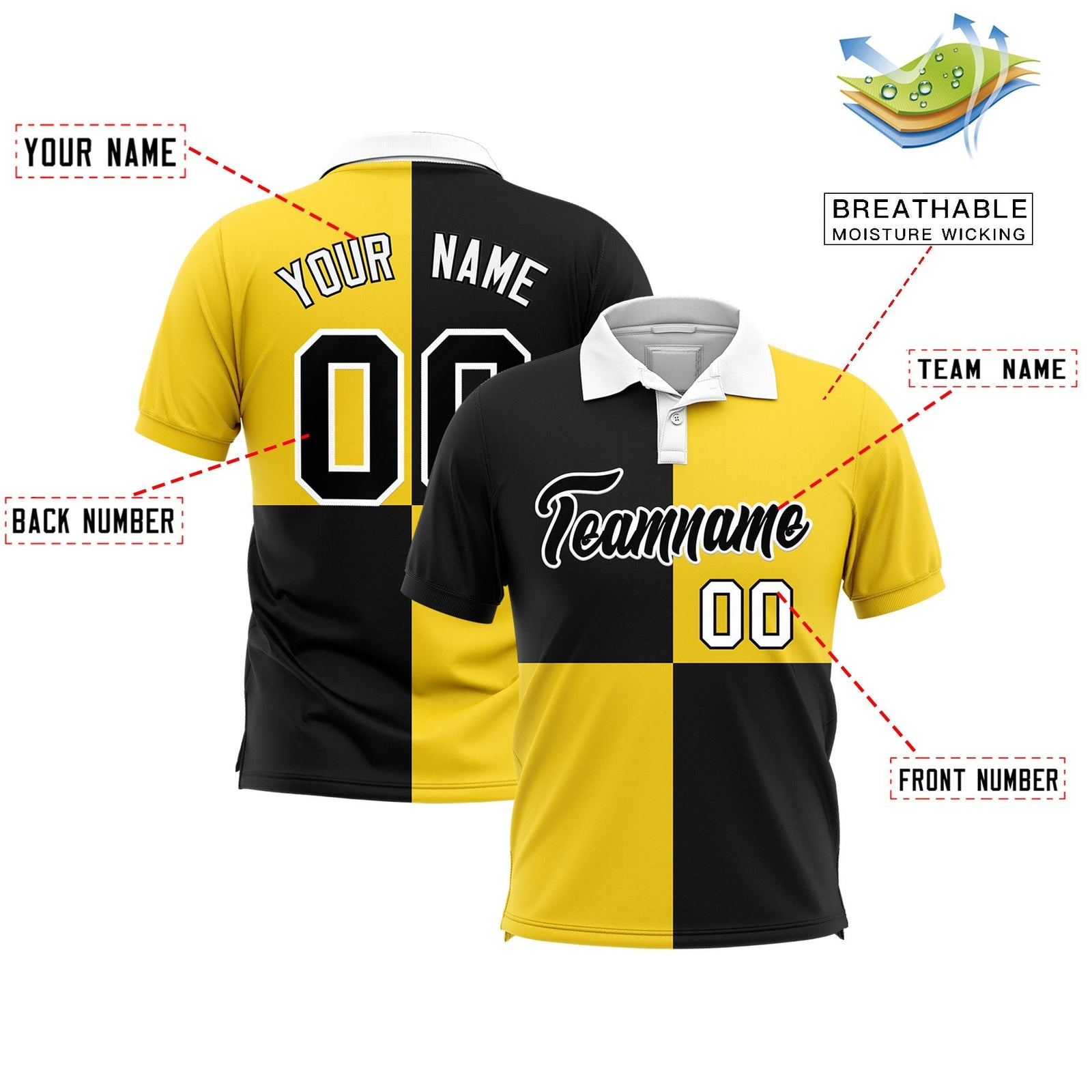 Custom Black Gold Four Squares Design Performance Polo Shirt