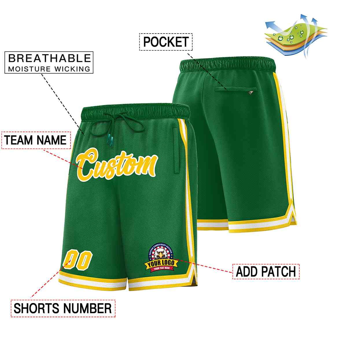 Custom Kelly Green Gold-White Classic Style Basketball Mesh Shorts