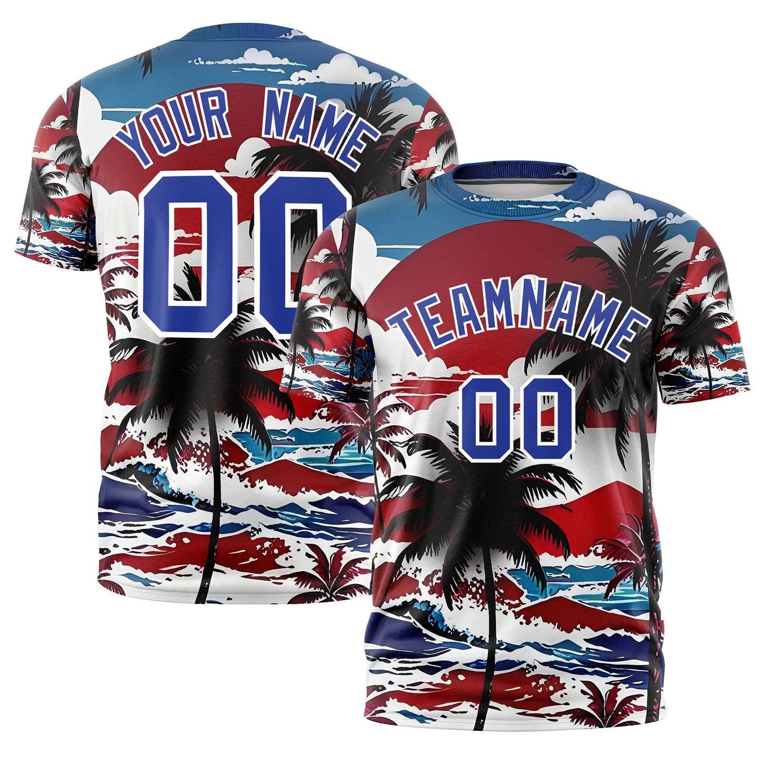 Custom Royal Blue White Graffiti Pattern Hawaiian Style T-shirt| KXKSHOP