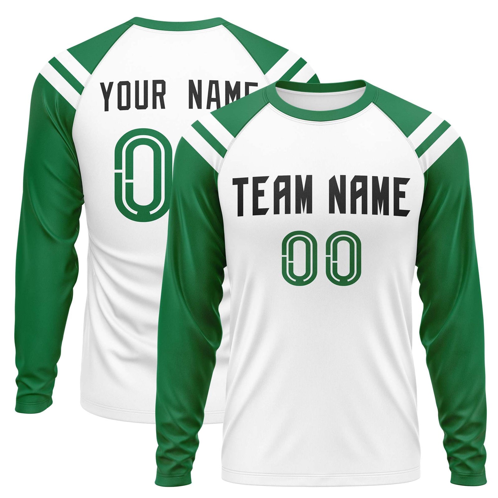 Custom White Kelly Green-White Crew Neck Personalized Raglan Long Sleeve Performance T-Shirt