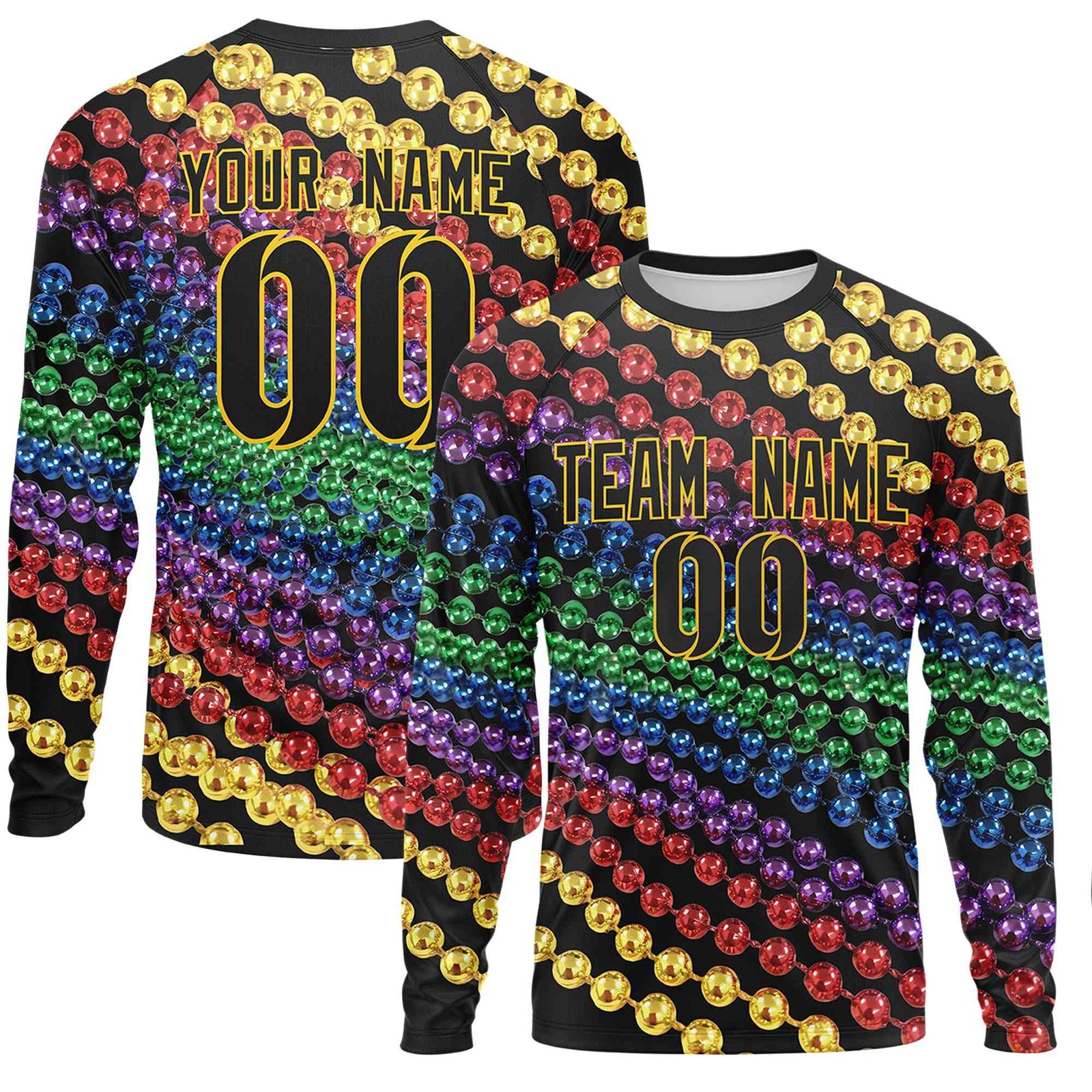 Custom Black Gold Crew Neck Personalized Mardi Gras Long Sleeve Performance T-shirt | KXKSHOP