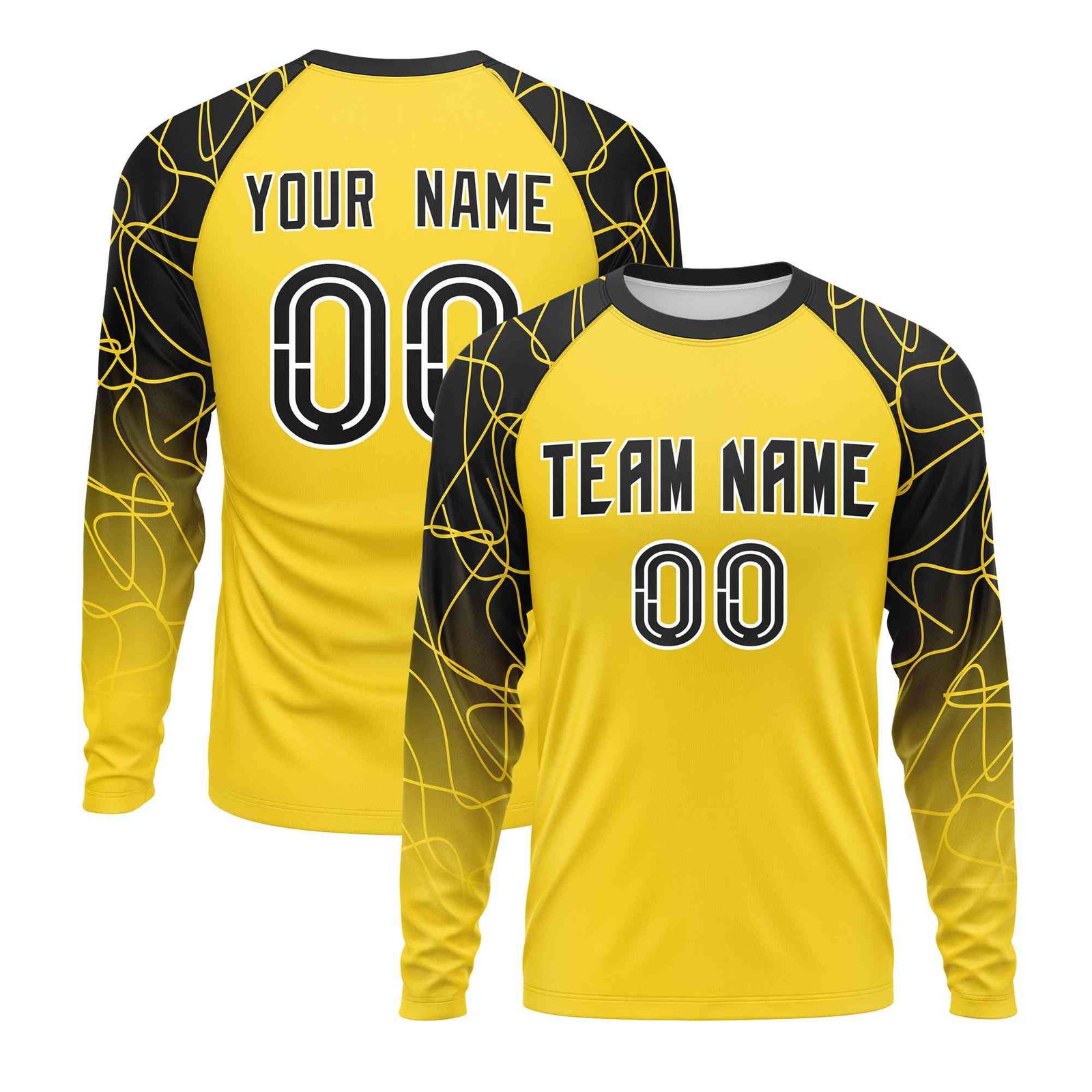 Custom Gold Black Tangled Lines Pattern Raglan Long Sleeve Performance T-Shirt