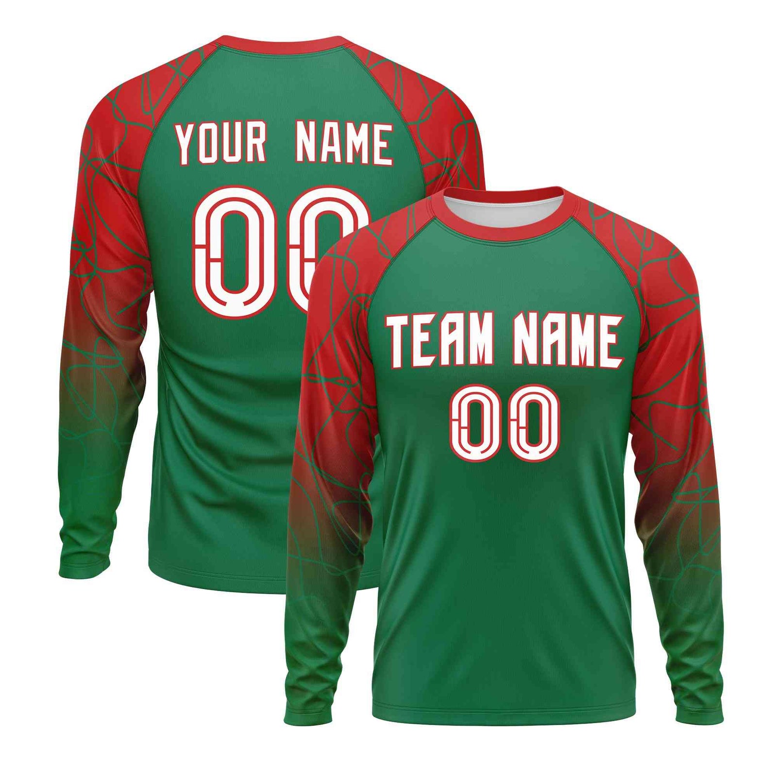 Custom Kelly Green Red Tangled Lines Pattern Raglan Long Sleeve Performance T-Shirt