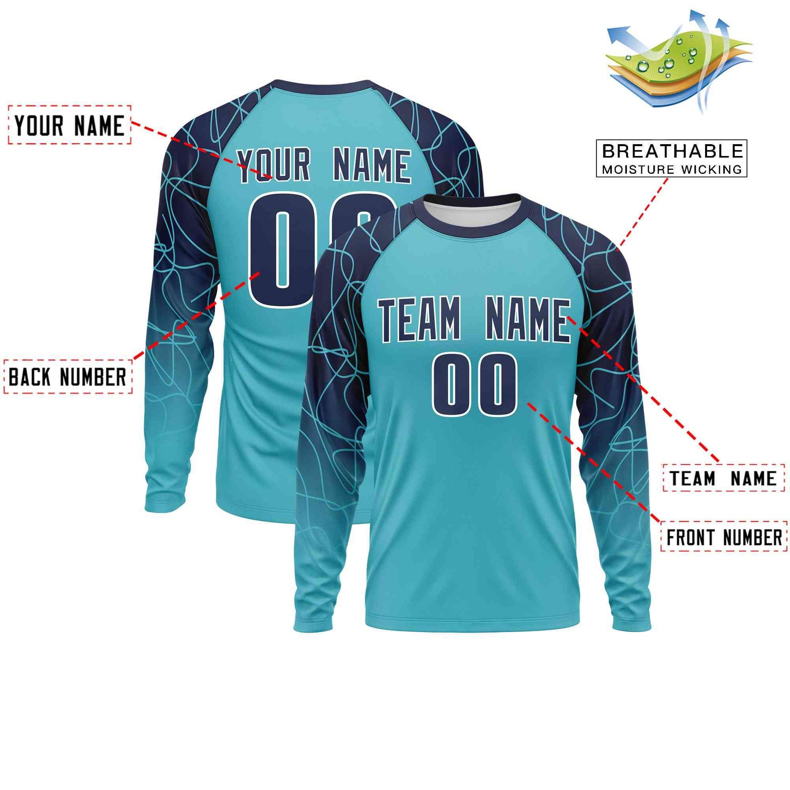 Custom Sky Blue Navy Tangled Lines Pattern Raglan Long Sleeve Performance T-Shirt| KXKSHOP