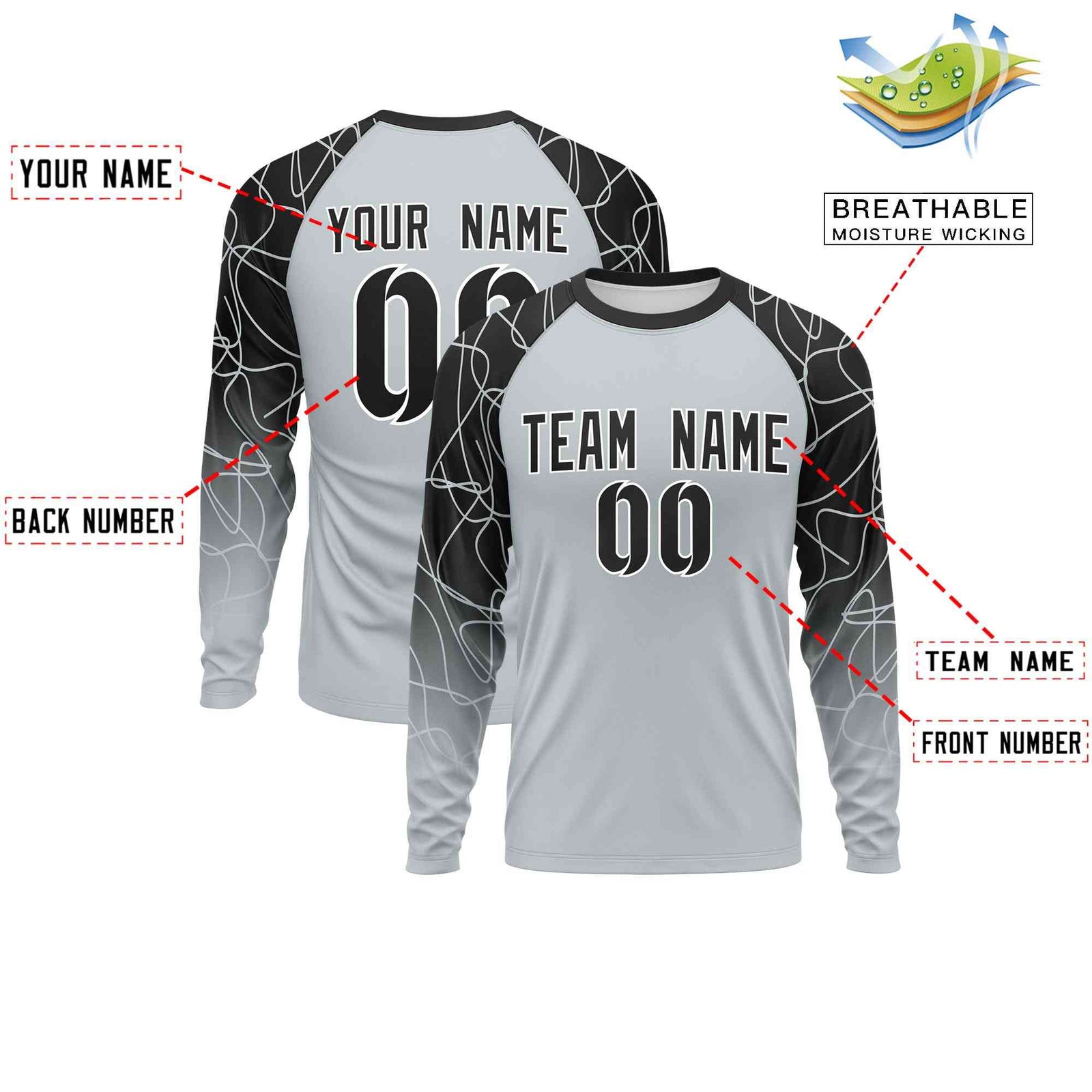 Custom Silver Black Tangled Lines Pattern Raglan Long Sleeve Performance T-Shirt