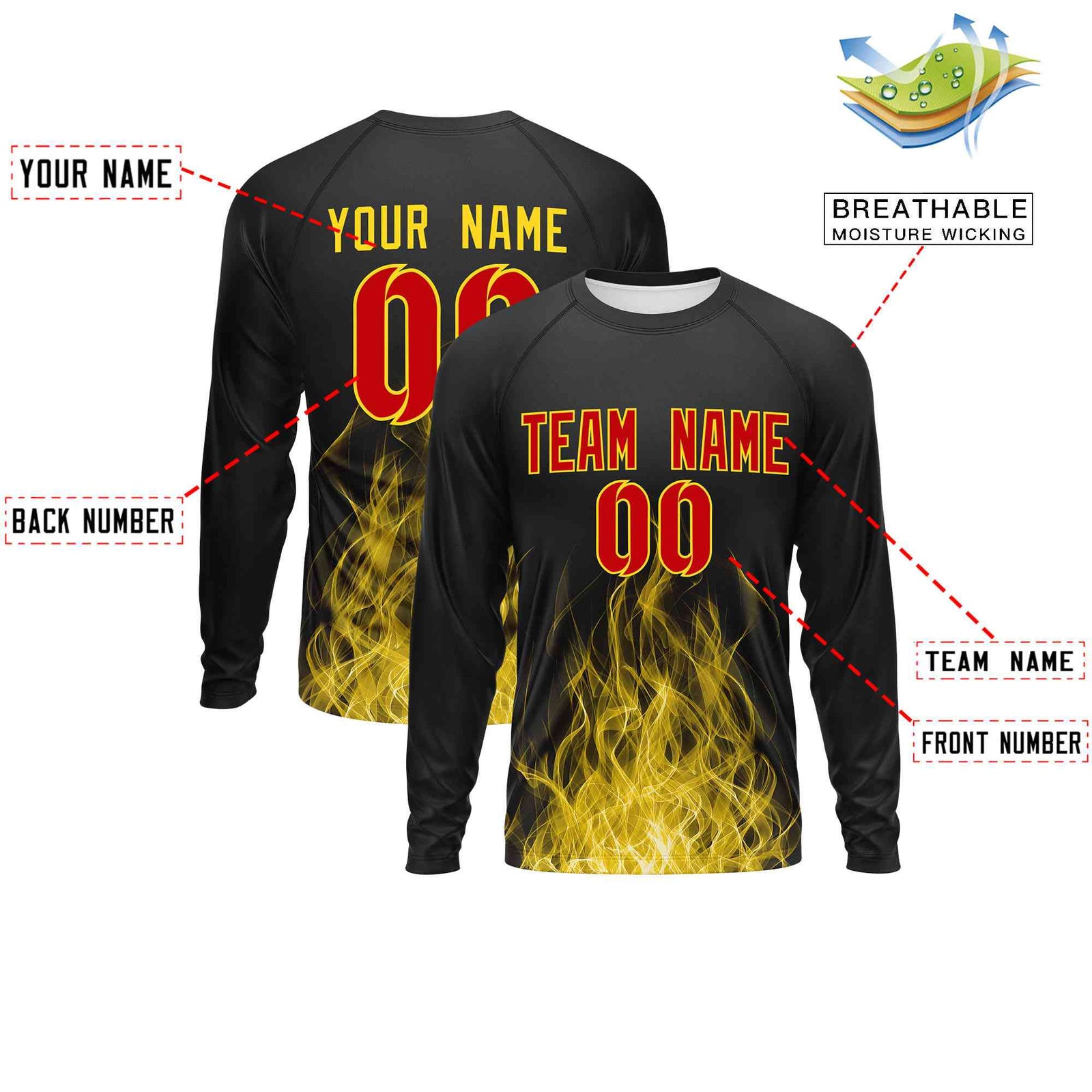 Custom Black Gold Colorful Flame Pattern Long Sleeve Performance T-Shirt