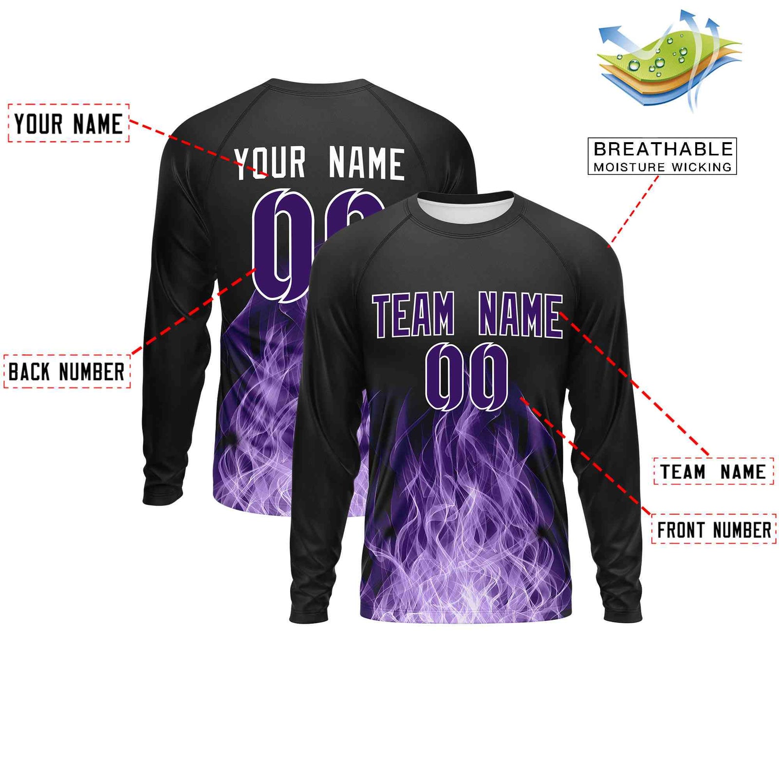 Custom Black Purple Colorful Flame Pattern Long Sleeve Performance T-Shirt