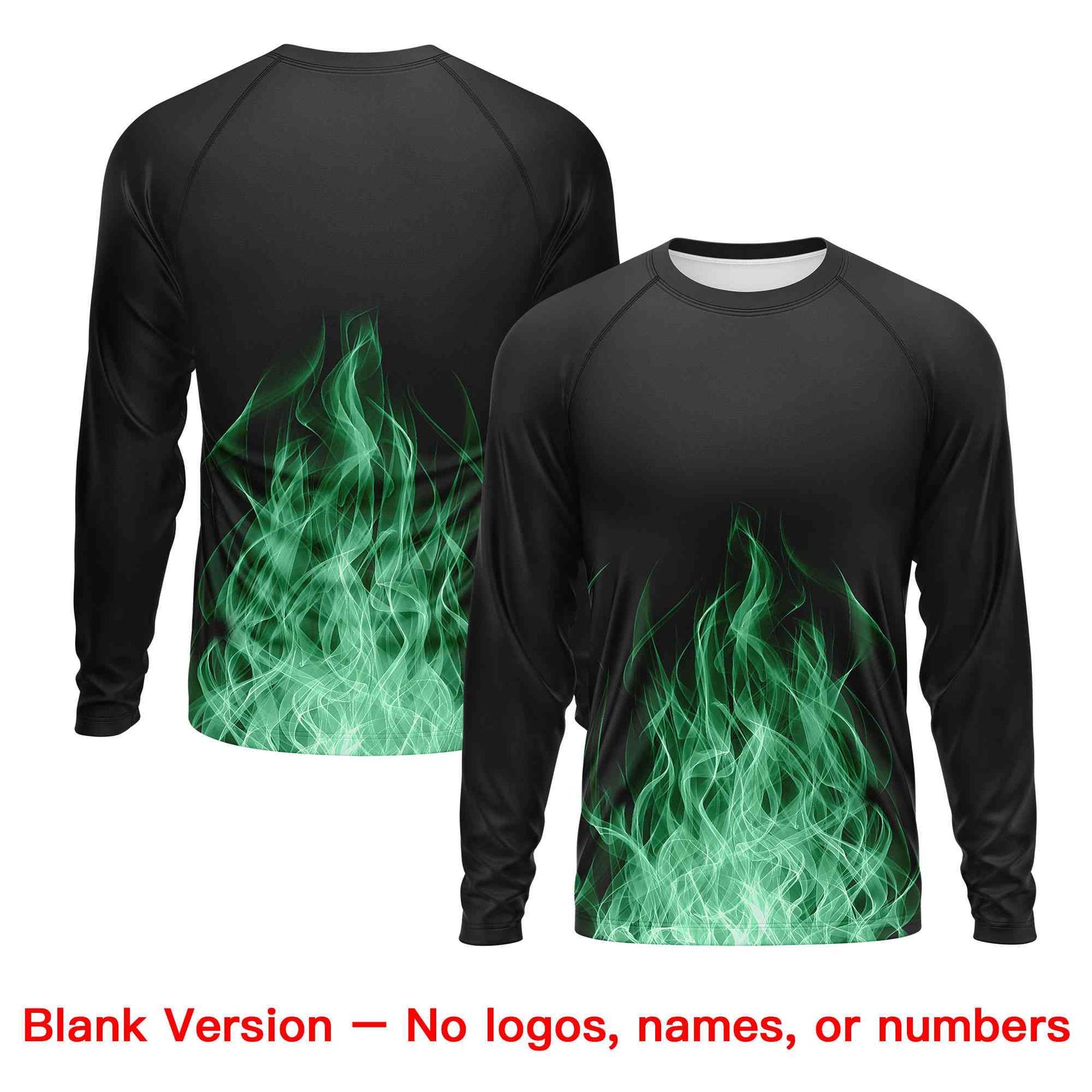 Custom Black Kelly Green Colorful Flame Pattern Long Sleeve Performance T-Shirt