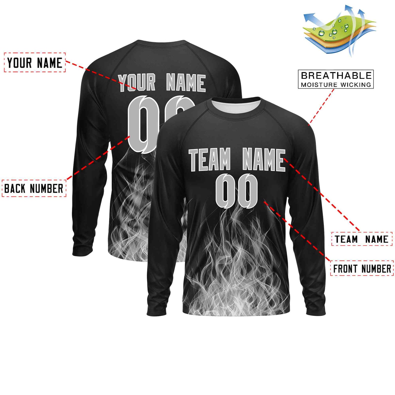 Custom Black Gray Colorful Flame Pattern Long Sleeve Performance T-Shirt