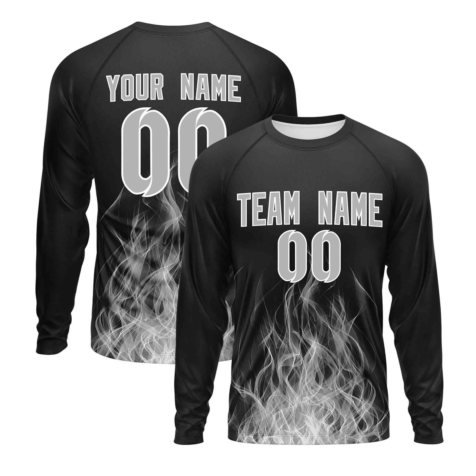 Custom Black Gray Colorful Flame Pattern Long Sleeve Performance T-Shirt