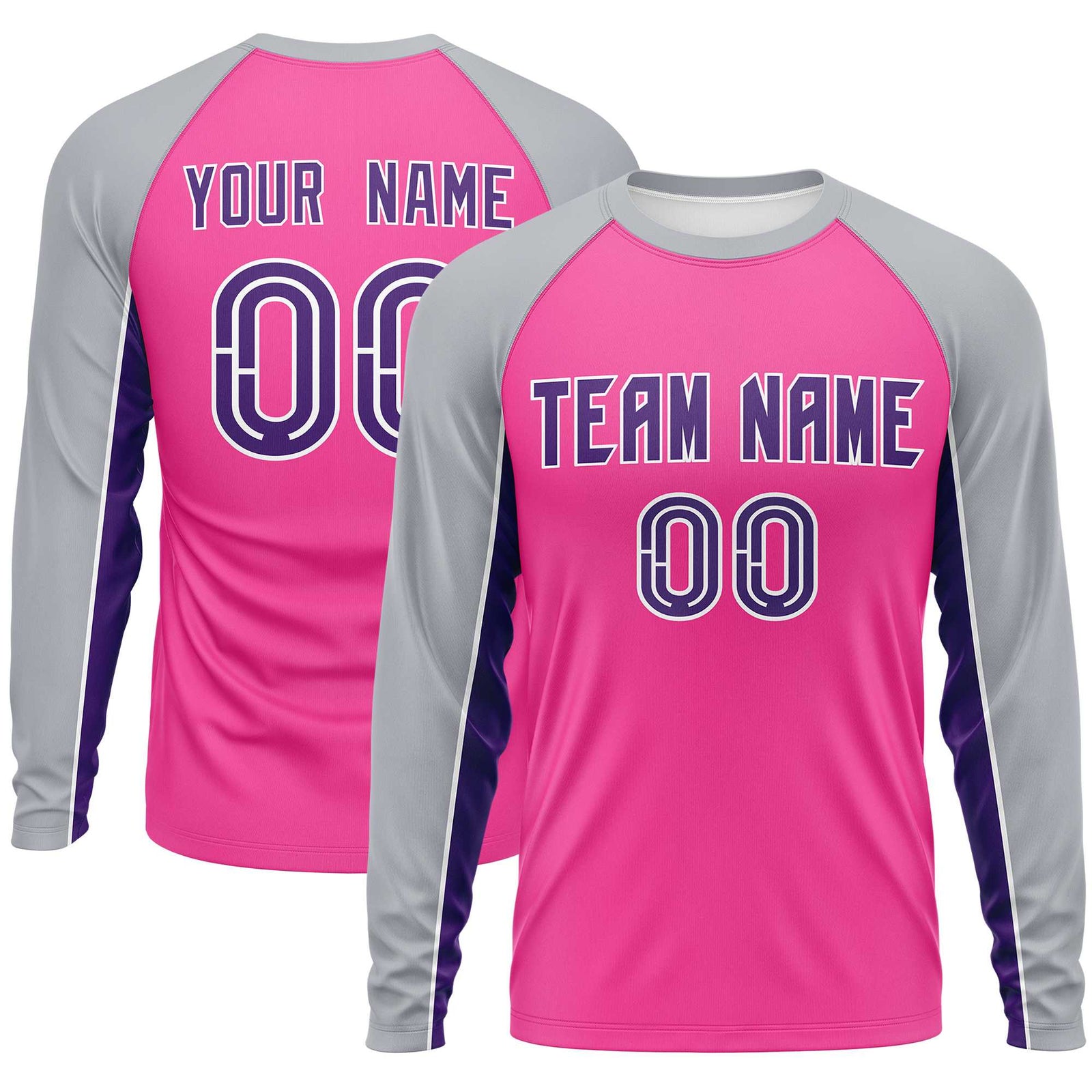 Custom Pink Gray Crew Neck Raglan Long Sleeve Performance T-Shirt