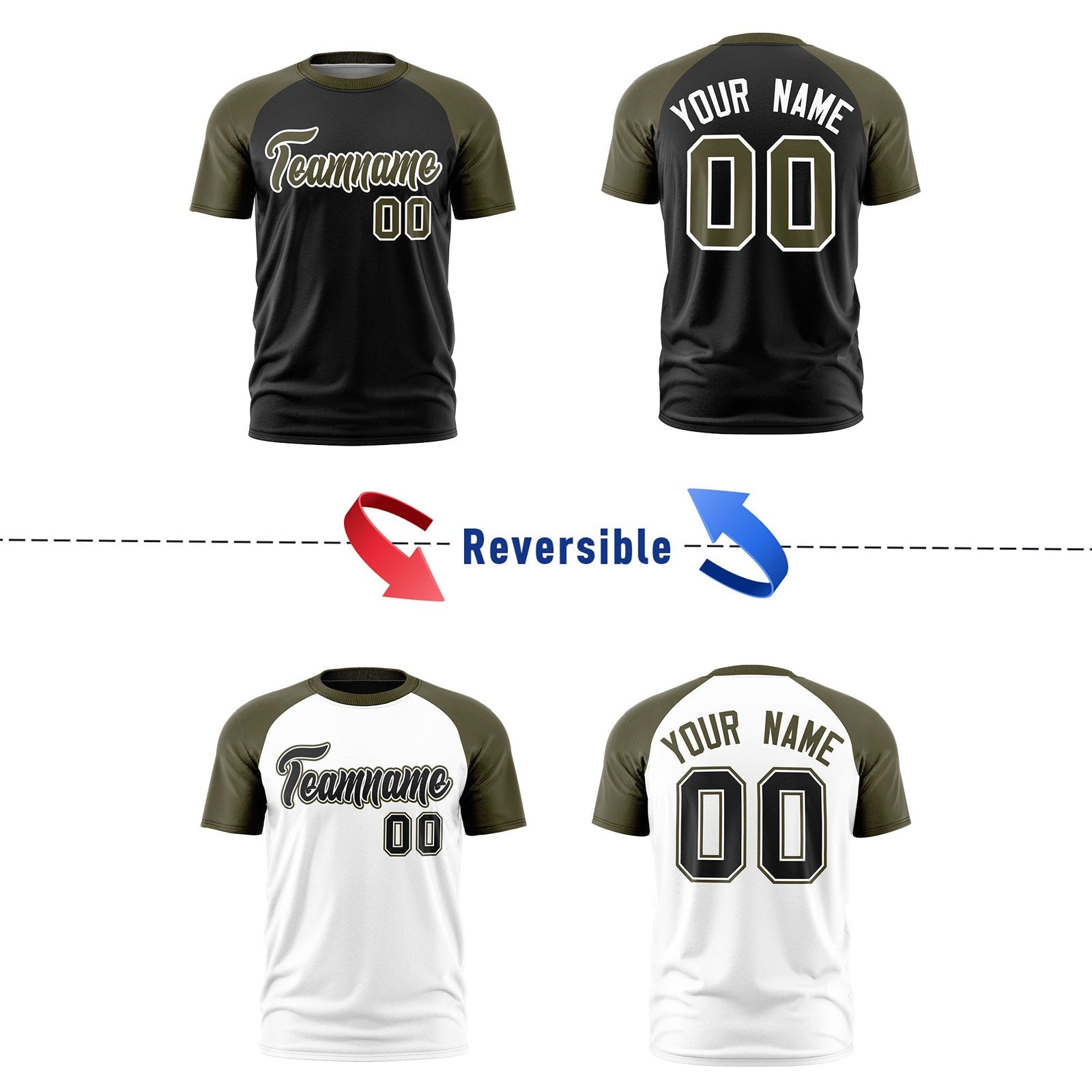 Custom Black Olive White Reversible Raglan Sleeves Quick Dry T-shirt| KXKSHOP